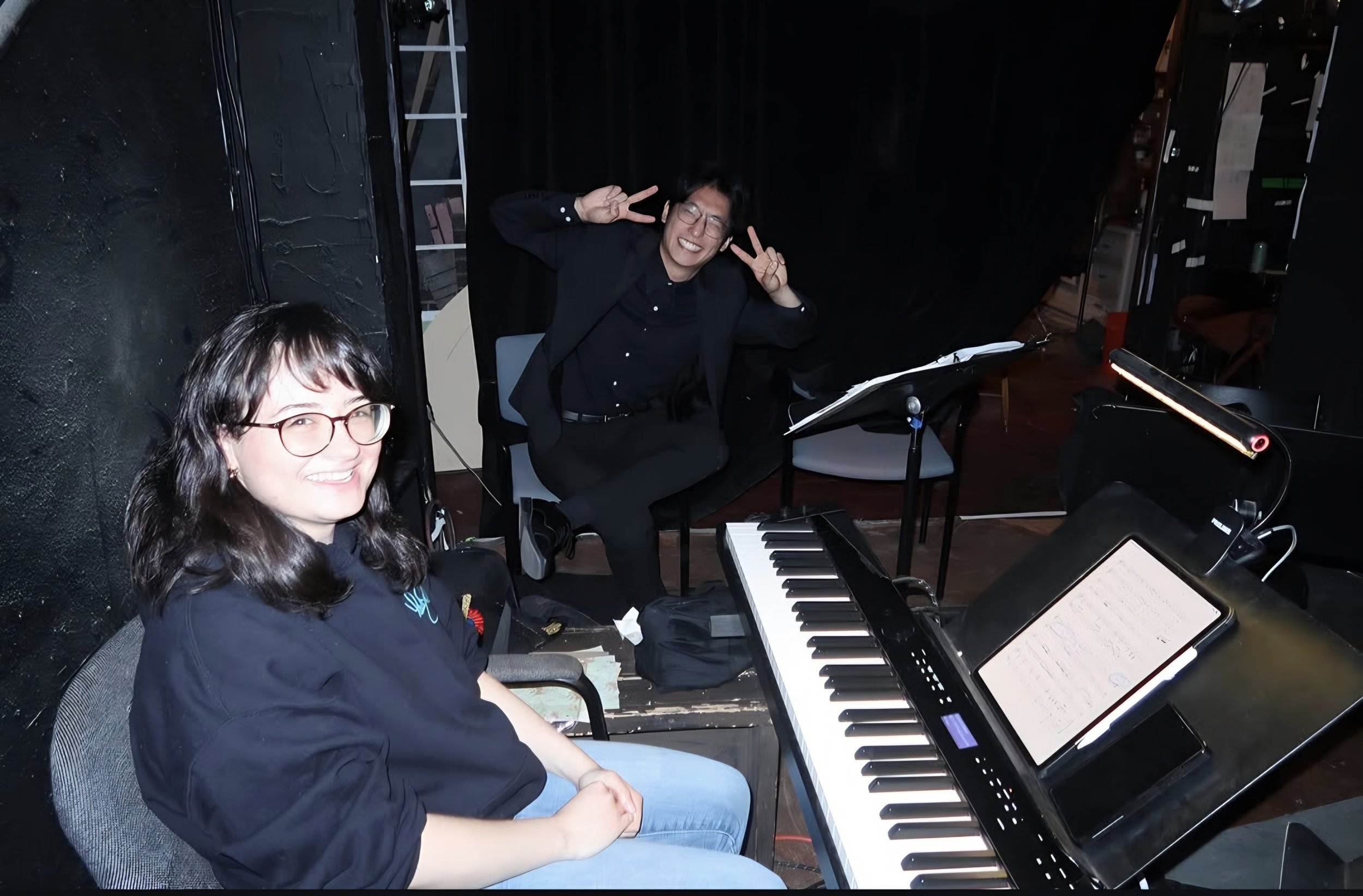Tyeese Braslavsky and Kevin Zhou backstage for Scarmouche at City Lit Theatre Co. (April 2026)