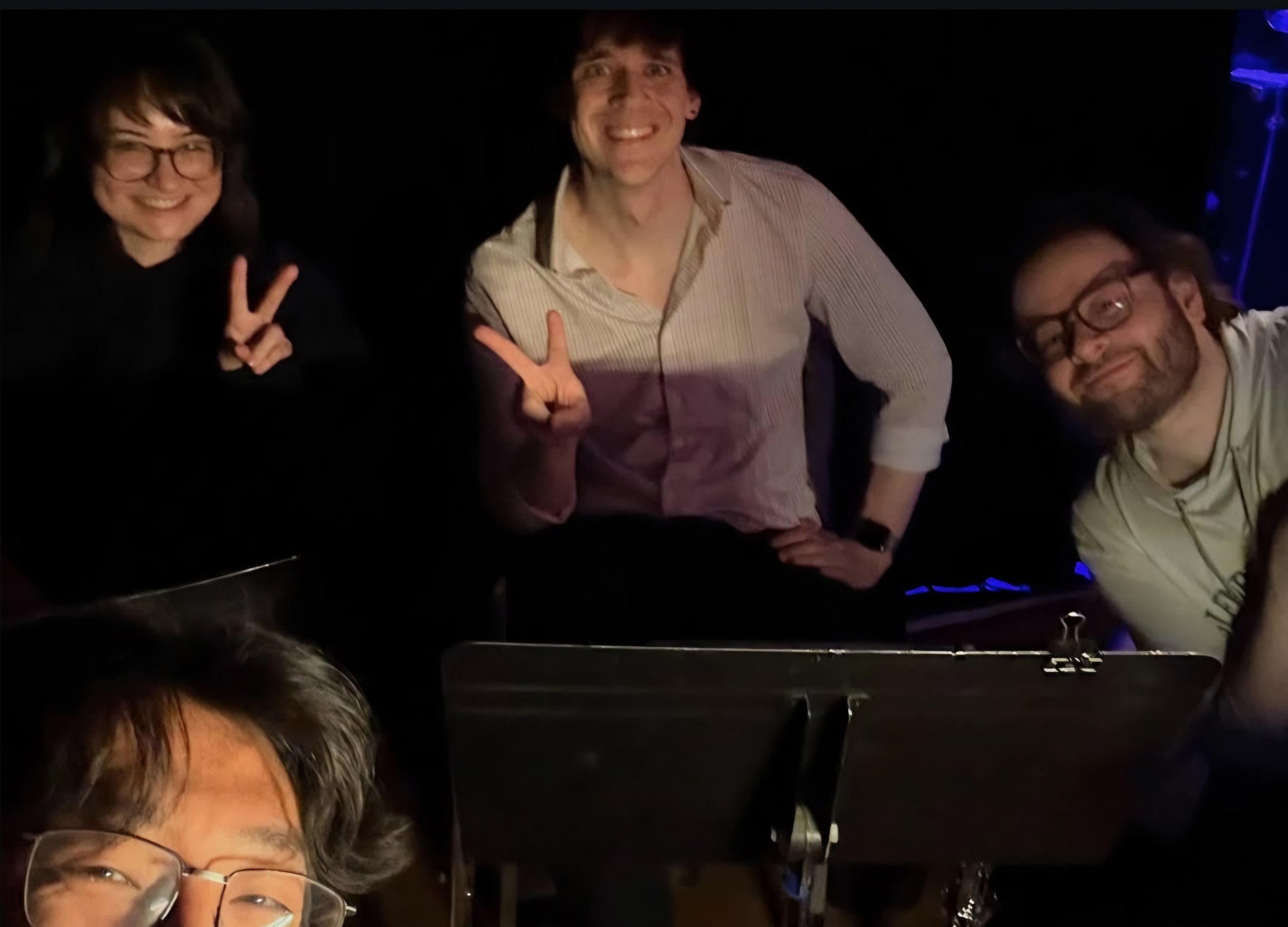 Tyeese Braslavsky, Kevin Zhou, Matthew Beck, and Aaron Kaplan backstage for Scarmouche at City Lit Theatre Co. (April 2026)