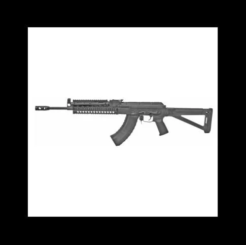 A black semi-automatic rifle with a tactical stock and a handguard, exposed barrel, and magazine, displayed against a black background.