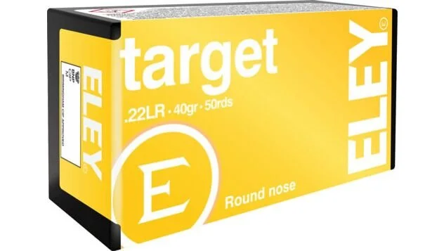 Box of Target Eley .22 LR ammunition, 50 rounds, 40 grain, round nose style.
