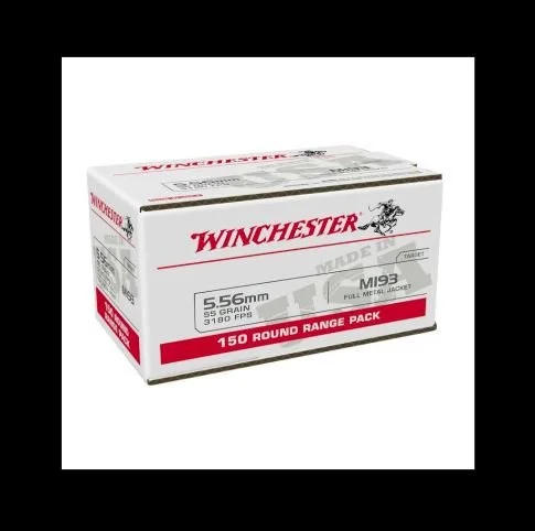 Box of Winchester 5.56mm full metal jacket ammunition, 150 rounds, 55 grain, made in the USA.