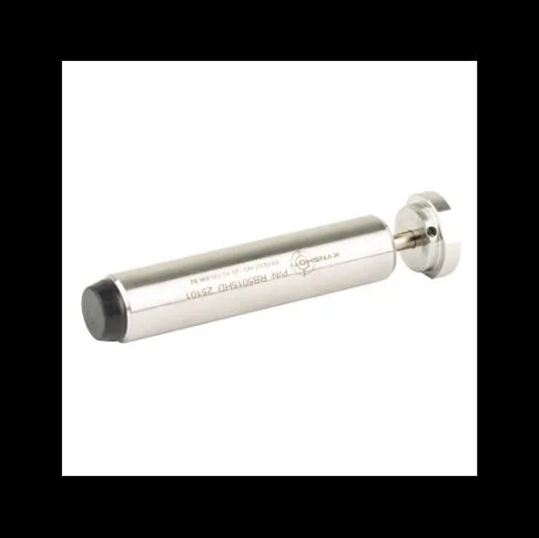 A metal tone linear actuator with a black tip on one end and a flange on the other end, isolated on a black and white background.