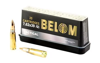 Box of Belom 7.62x39mm FMJ tactical ammunition with two rounds displayed in front.