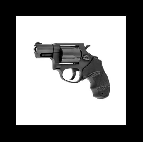 A black revolver gun with a textured grip on a white background.