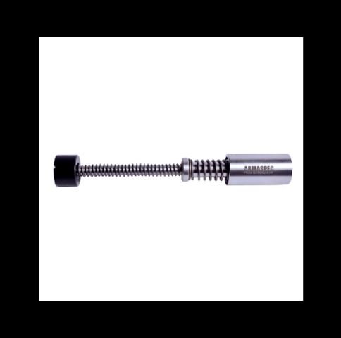A metallic screw with a black head on one end and a cylindrical metal component on the other, isolated on a black background.