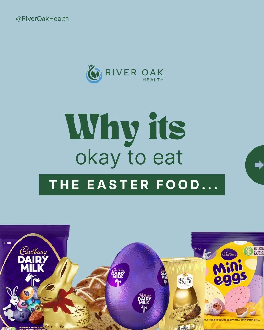 Say it louder for the people in the back 🔊🔊💚💙
.
.
.
.
.
.
#riveroakhealth #psychology #dietitian #RAVES #HAES #eatingdisorderrecovery #easter #Chocolate