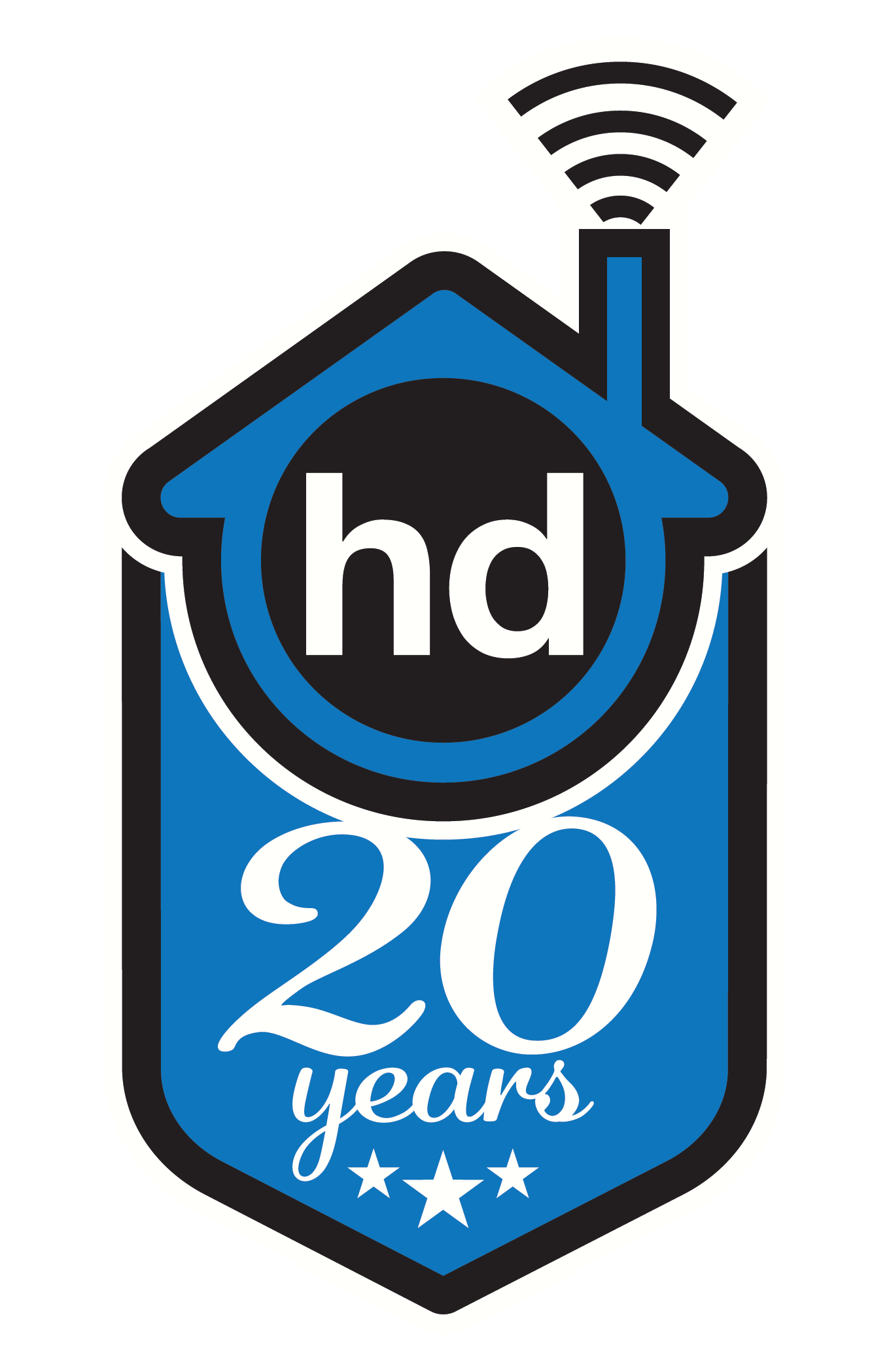 Logo with a house and radio tower icon commemorating 20 years of HD