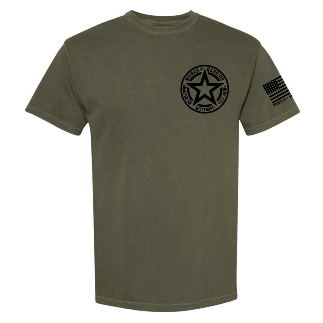 Military Green Woman and warrior branded shirt with white woman and warrior logo on the pocket and flag on the sleeve (Copy)