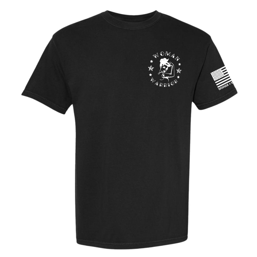 Black retro logo Woman and warrior branded shirt with white woman and warrior logo on the pocket and flag on the sleeve (Copy)