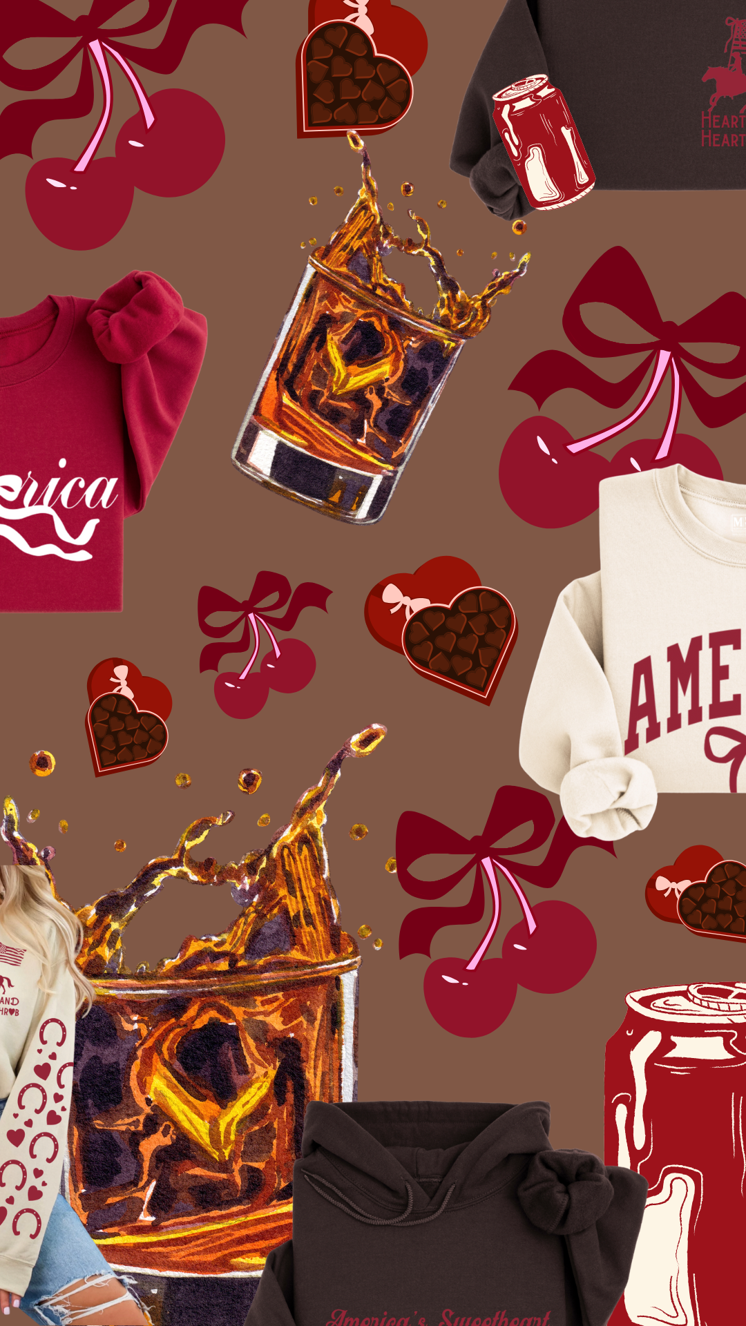 Collage of Cherry, Heart-shaped chocolates, and soda-themed items with folded sweatshirts and a hoodie featuring American-themed and love motifs.