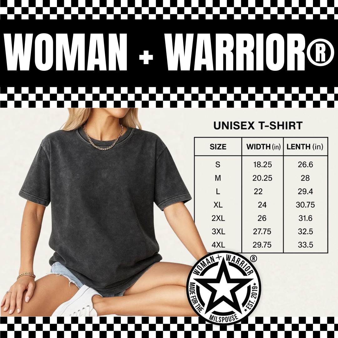 The image shows a woman wearing a black, distressed-looking, unisex T-shirt with a size chart next to her, and a logo in the bottom right corner that reads 'Woman + Warrior, Made for the Milspouse, Est. 2019' inside a circle with a star.