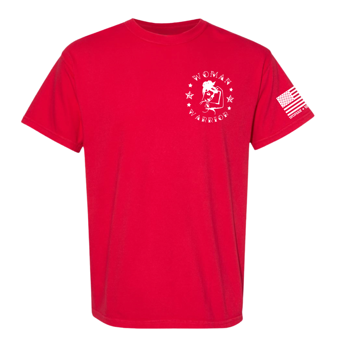 Red R.E.D. Friday Remember Everyone Deployed shirt Woman and warrior branded shirt with white woman and warrior logo on the pocket and flag on the sleeve