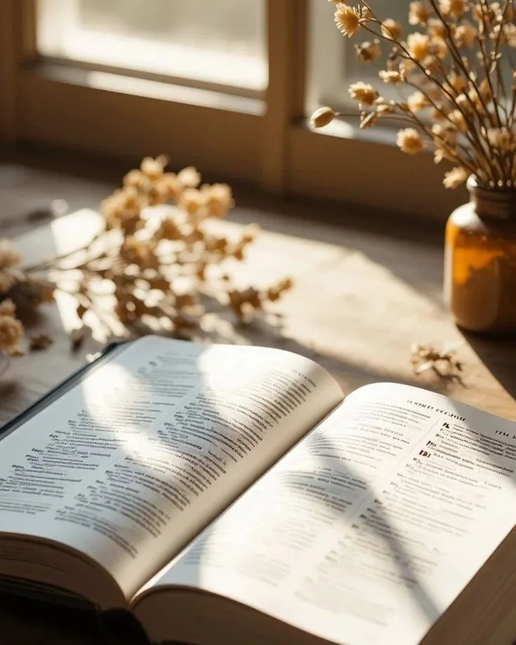 Open book on a wooden table near a window with dried flowers in a brown vase, sunlight streaming through.