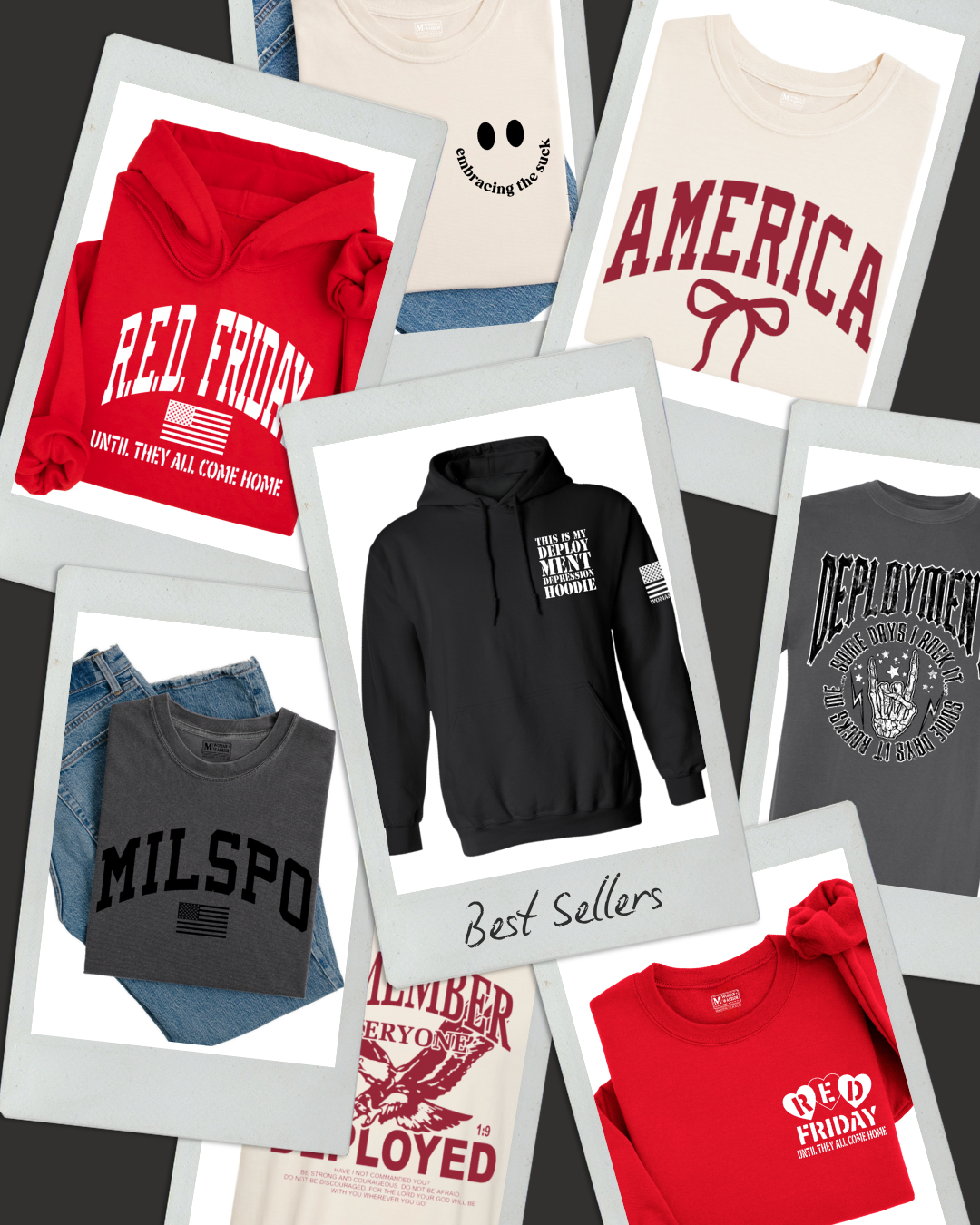 Collection of casual clothing including hoodies and t-shirts with patriotic and military-themed designs displayed in photo frames, with a central hoodie labeled 'Best Sellers'.
