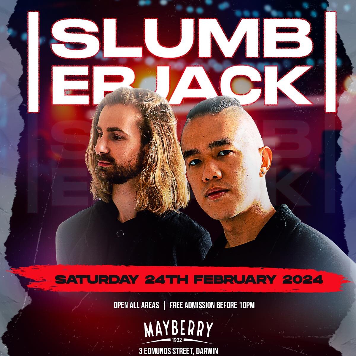 💥 SLUMBERJACK live at Mayberry on Saturday, 24th February 2024 💥

The Australian electronic duo are known for their chart-topping dance-pop hits and pushing the boundaries of electronic music. With three Gold records, global tours, and collaboratio