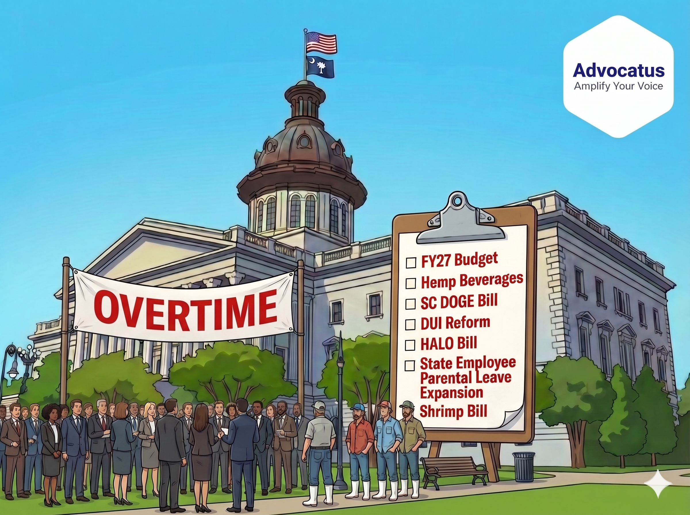 A color cartoon of the SC capitol. A diverse crowd stands in front of the building. A group shrimp fisherman stand in front of a checklist of legislation.