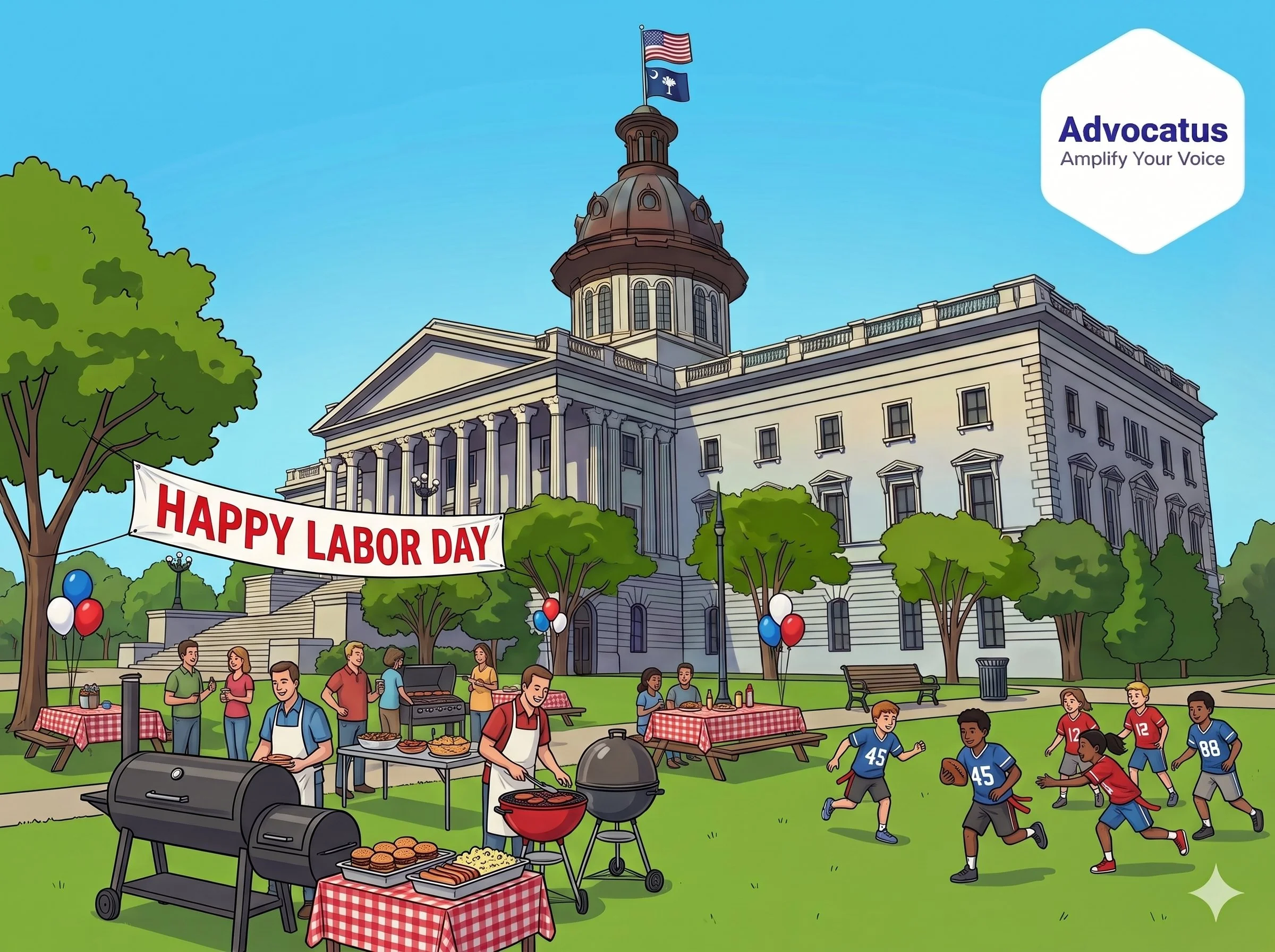 A color cartoon image of the South Carolina state capitol. In front of the building is a diverse crowd enjoying a barbeque. A group of children is playing football. A large banner is hung that reads Happy Labor Day.