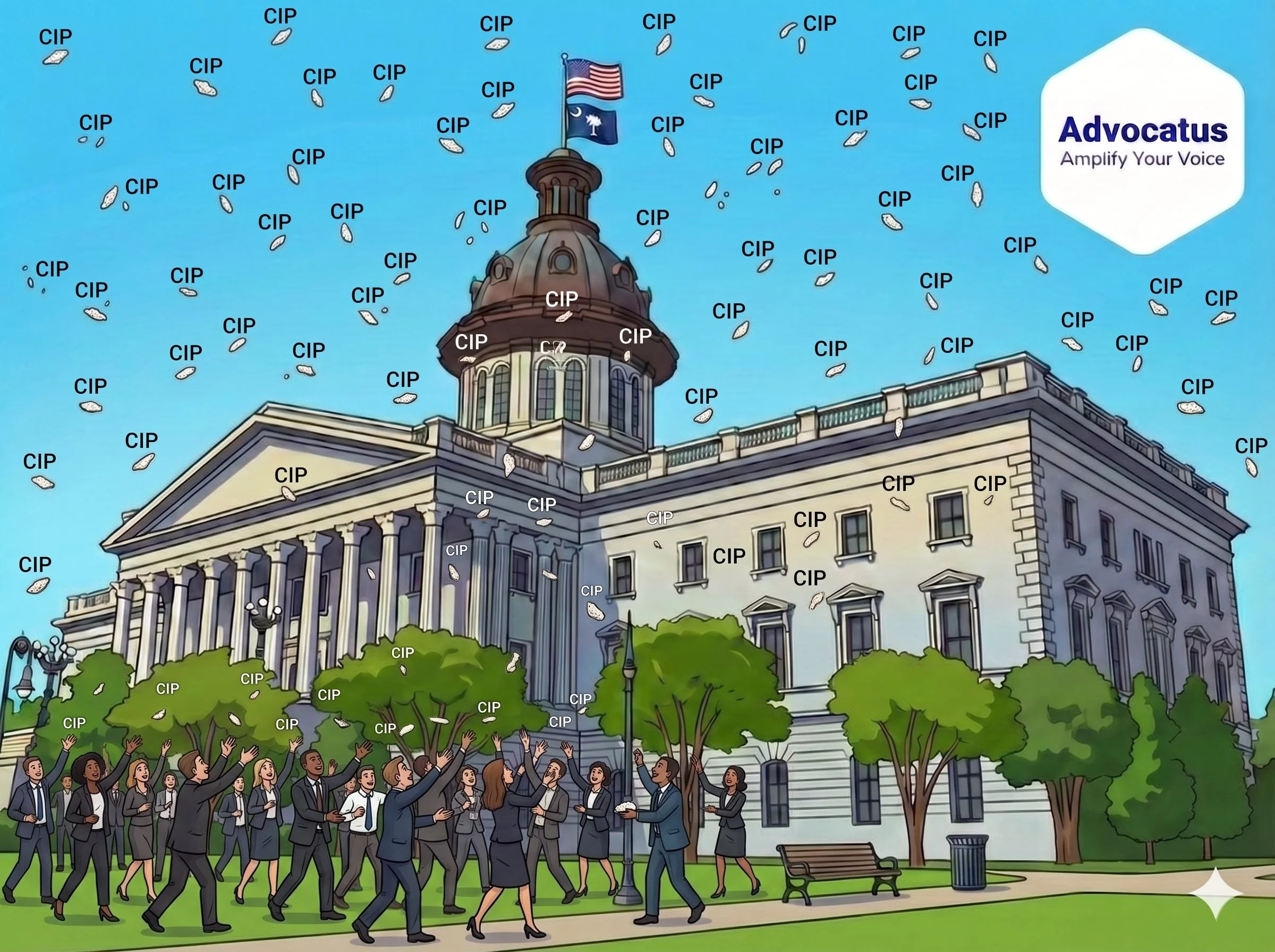 A color cartoon image of the South Carolina state capitol. In front is a group of men and women in business attire trying to catch manna from heaven. Each piece of manna is labeled CIP, which is also known as an earmark.