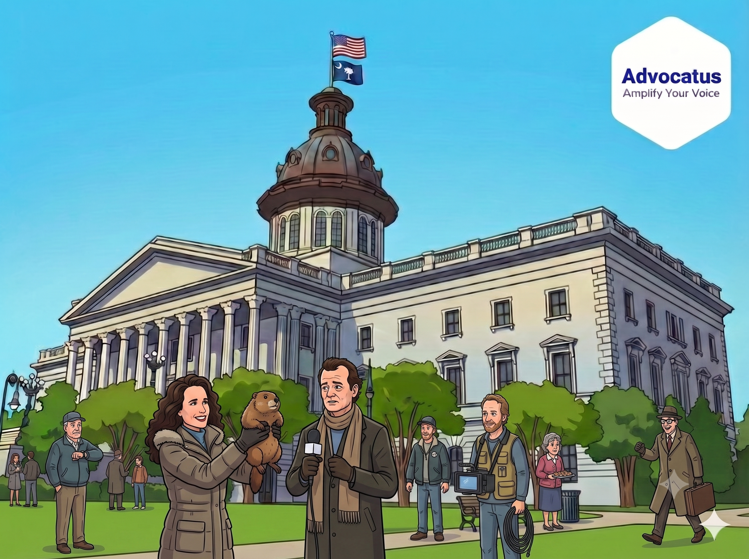 A color cartoon image of the South Carolina state capitol. In front of the building is the cast of characters from the movie Groundhog Day.
