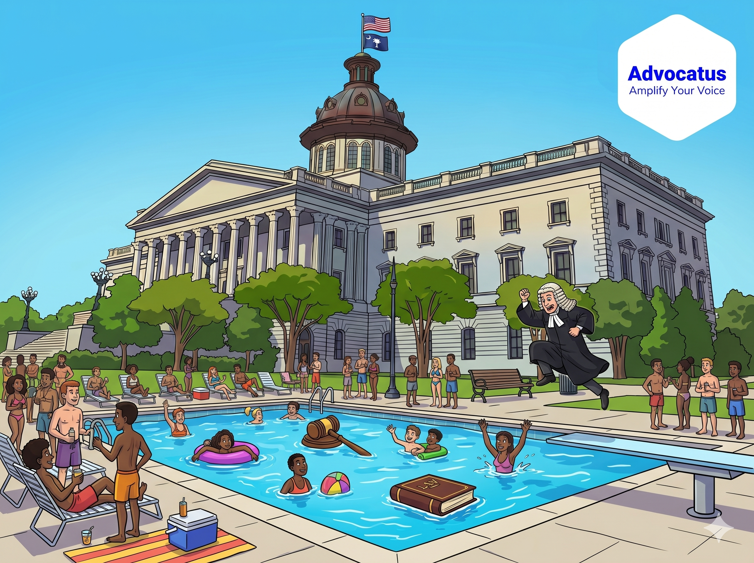 A color cartoon image of the South Carolina state capitol. In front of the building is a large pool with dozens of swimmers around it. A judge is jumping into the pool off a diving board.
