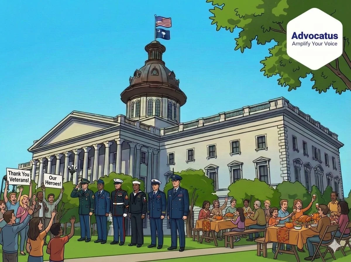 A color cartoon image of the South Carolina capitol. The scene has a group of people celebrating veterans for Veterans Day and another group of people sharing a Thanksgiving meal.