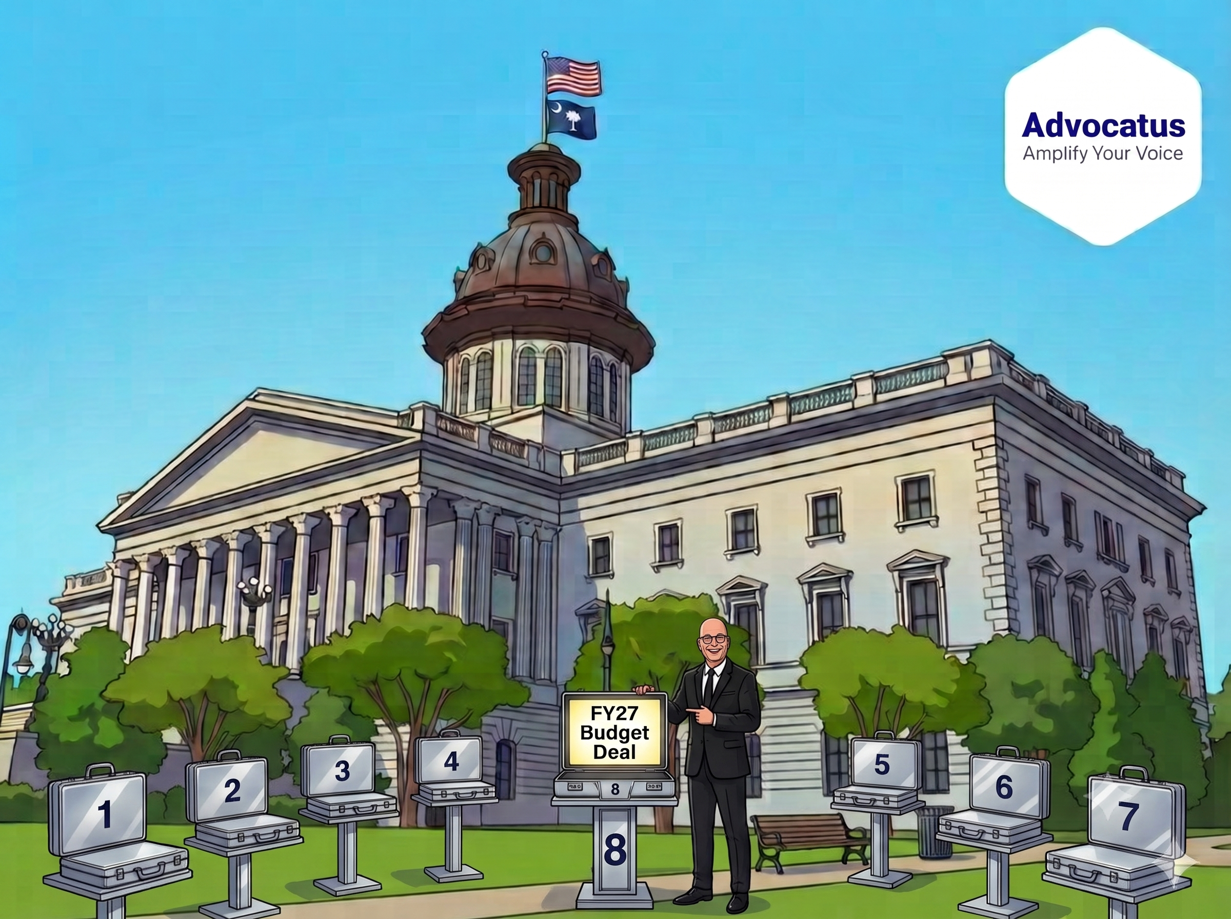 A color cartoon image of the South Carolina capitol. In front of the building are eight silver briefcases. One is open with a message that says FY27 Budget Deal. Next to it is actor Howie Mandel.