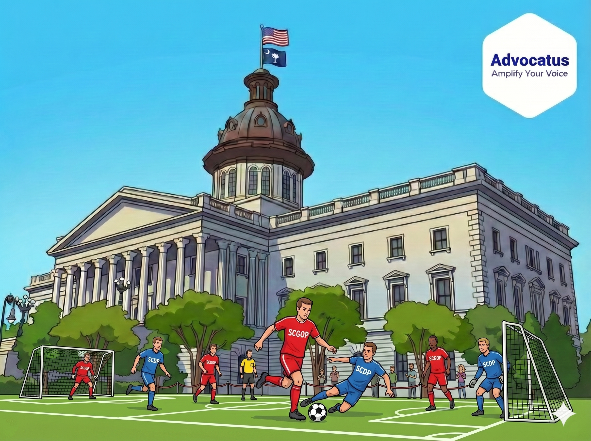 A color cartoon of the South Carolina state capitol. In front of the building is a soccer match. A team wearing red jerseys is playing a team wearing blue jerseys.