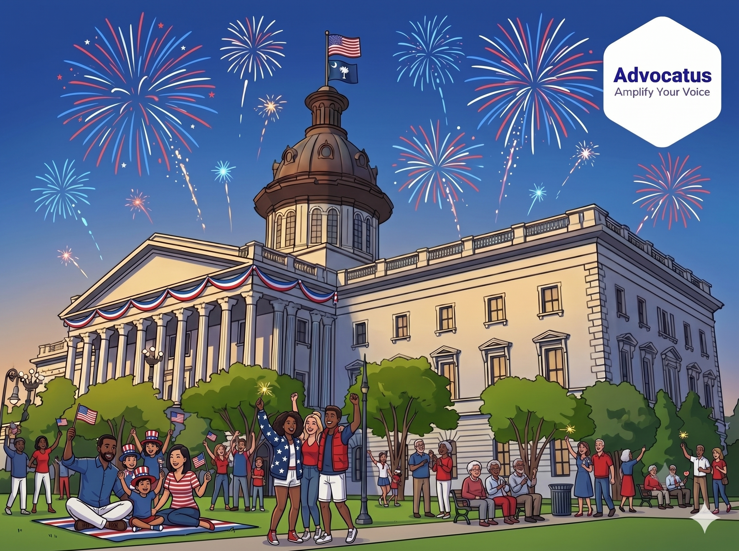 A color cartoon image of the South Carolina capitol at night. There is a diverse group wearing red, white, and blue clothes gathered in front of the building waving American flags. Colorful red, white, and blue fireworks are shown above the building.