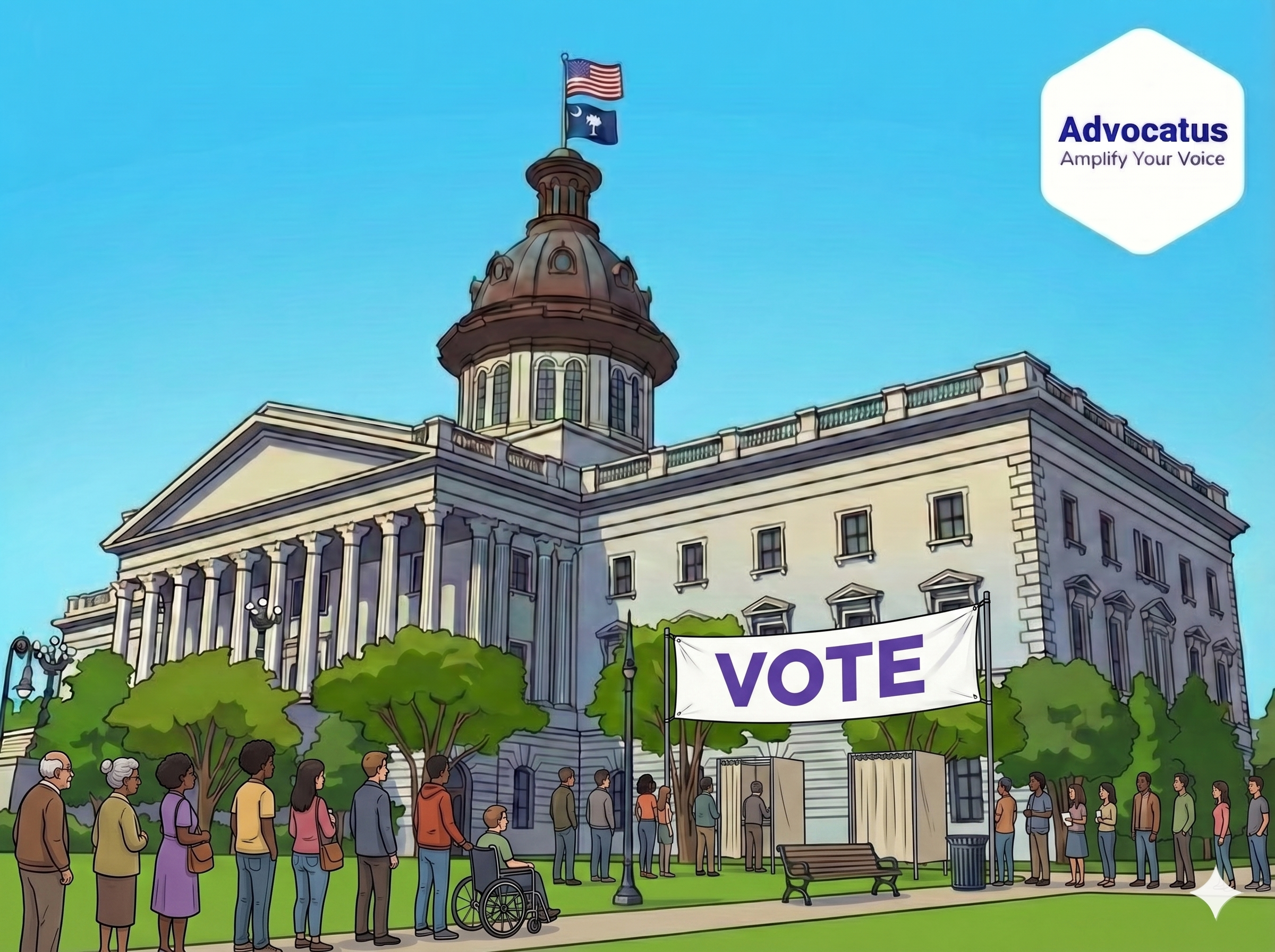 A color cartoon image of the South Carolina capitol. In front is a crowd waiting in line to vote.