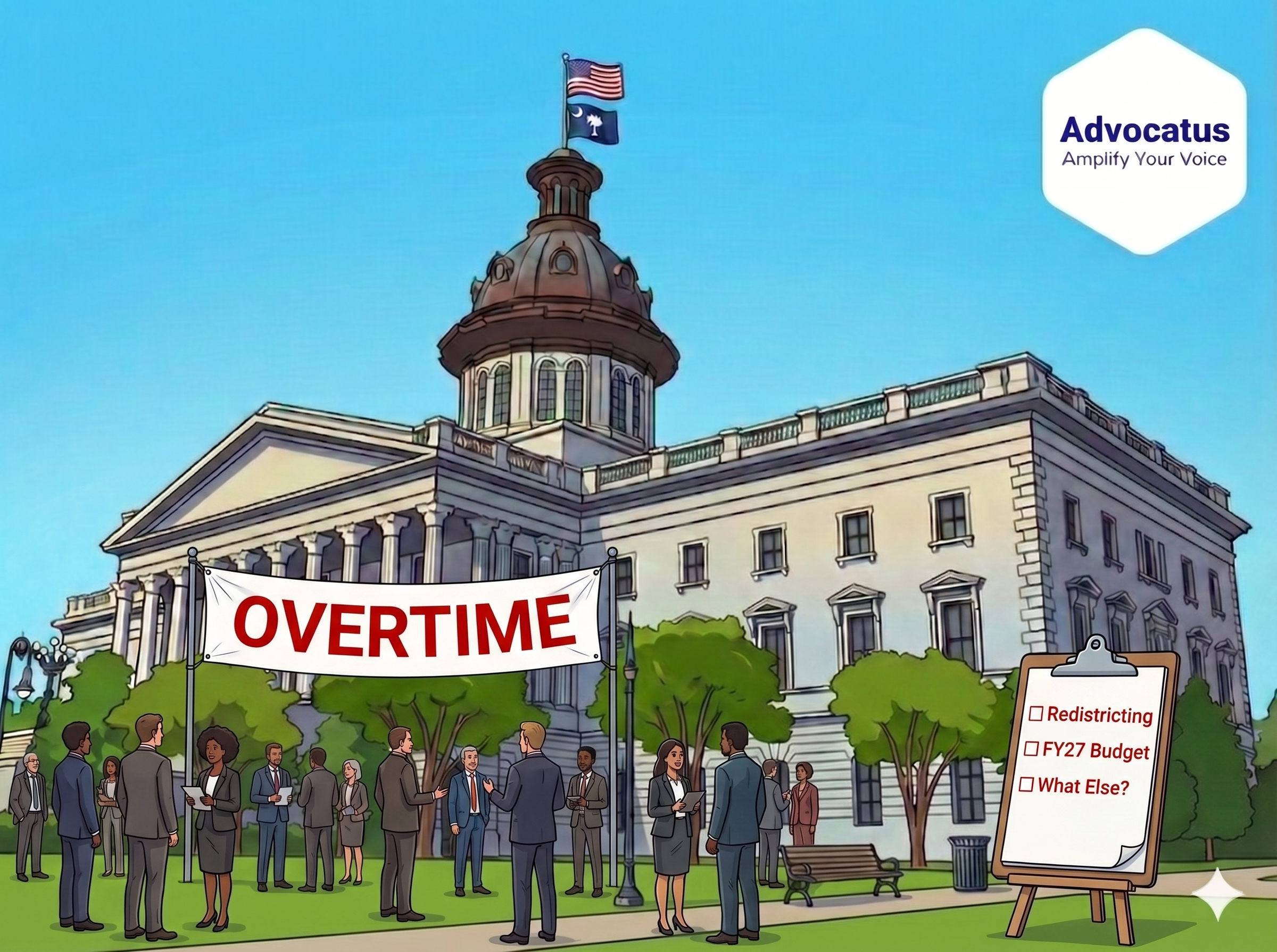 A color cartoon image of the South Carolina state capitol. A banner with red letters is hung that reads Overtime. A diverse crowd in business attire stands in front of the building. A checklist reads Redistricting, FY27 Budget, and What Else?