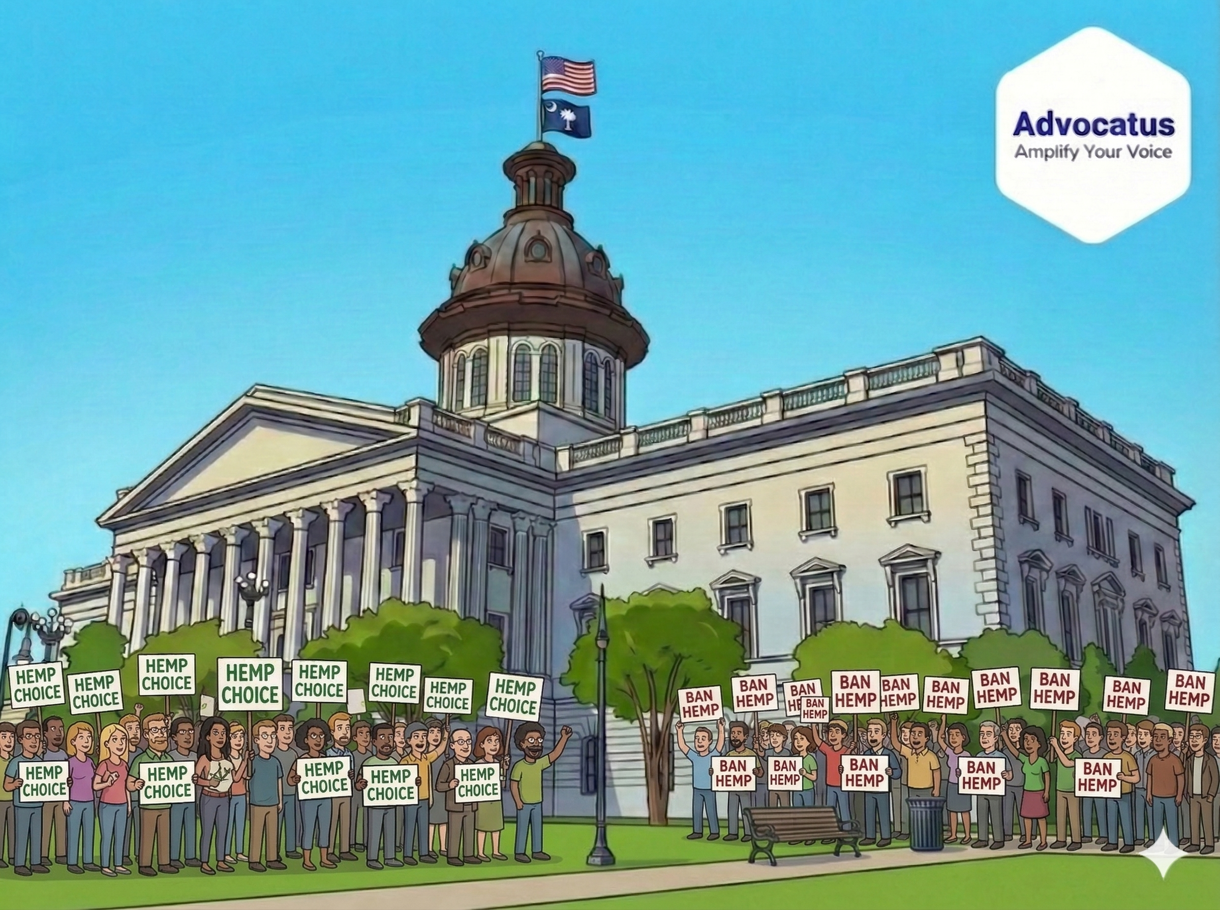 A color image of the South Carolina state capitol on a sunny day. In front of the building are two groups of people. One group is holding signs that read hemp choice. The other group of people are holding signs that read ban hemp.