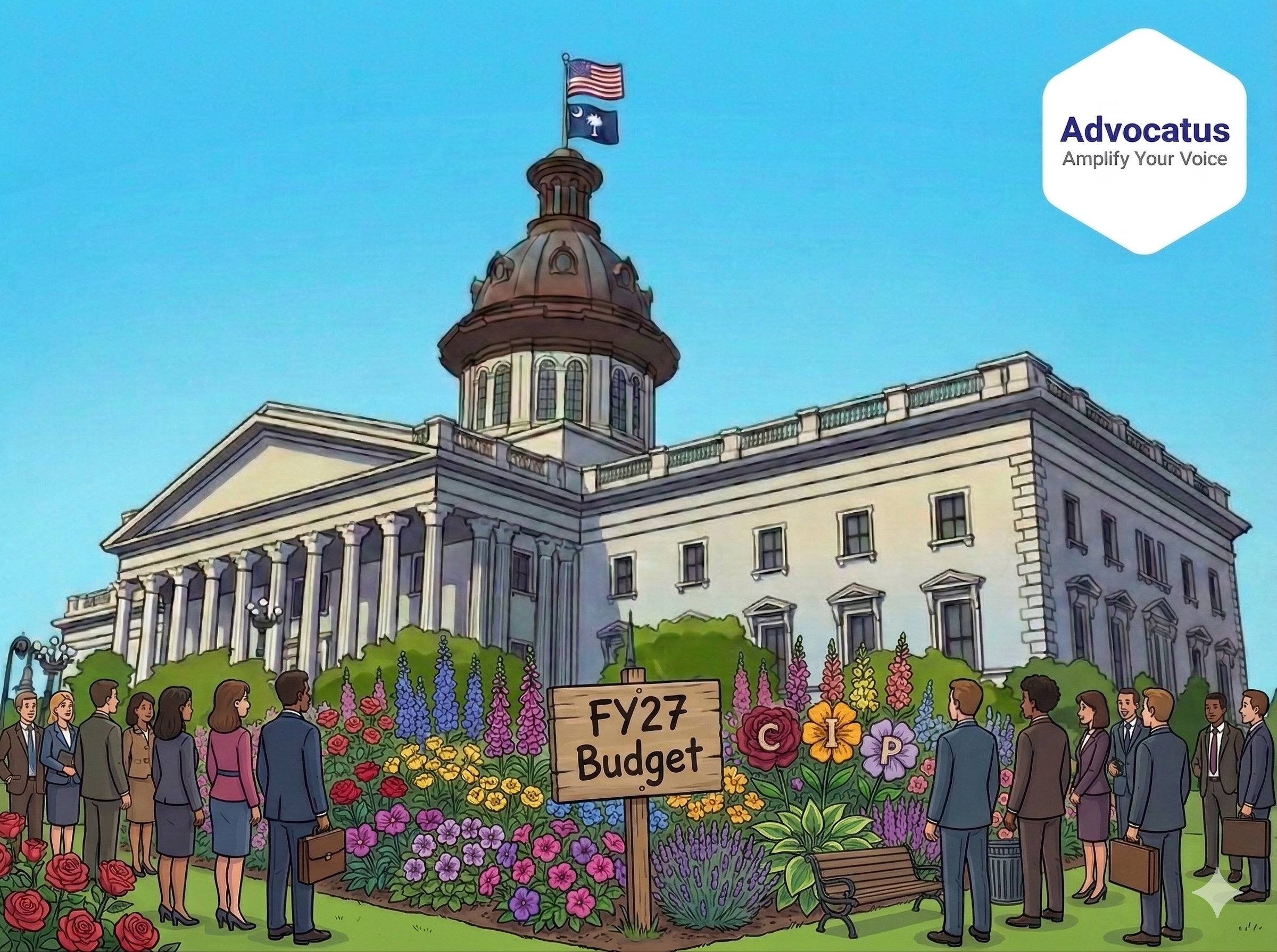 A cartoon color image of the South Carolina state capitol on a sunny day. Adults in business clothes are looking at a flower garden where one set of flowers has the letters CIP on them. A wooden sign in front of the garden reads FY27 Budget.