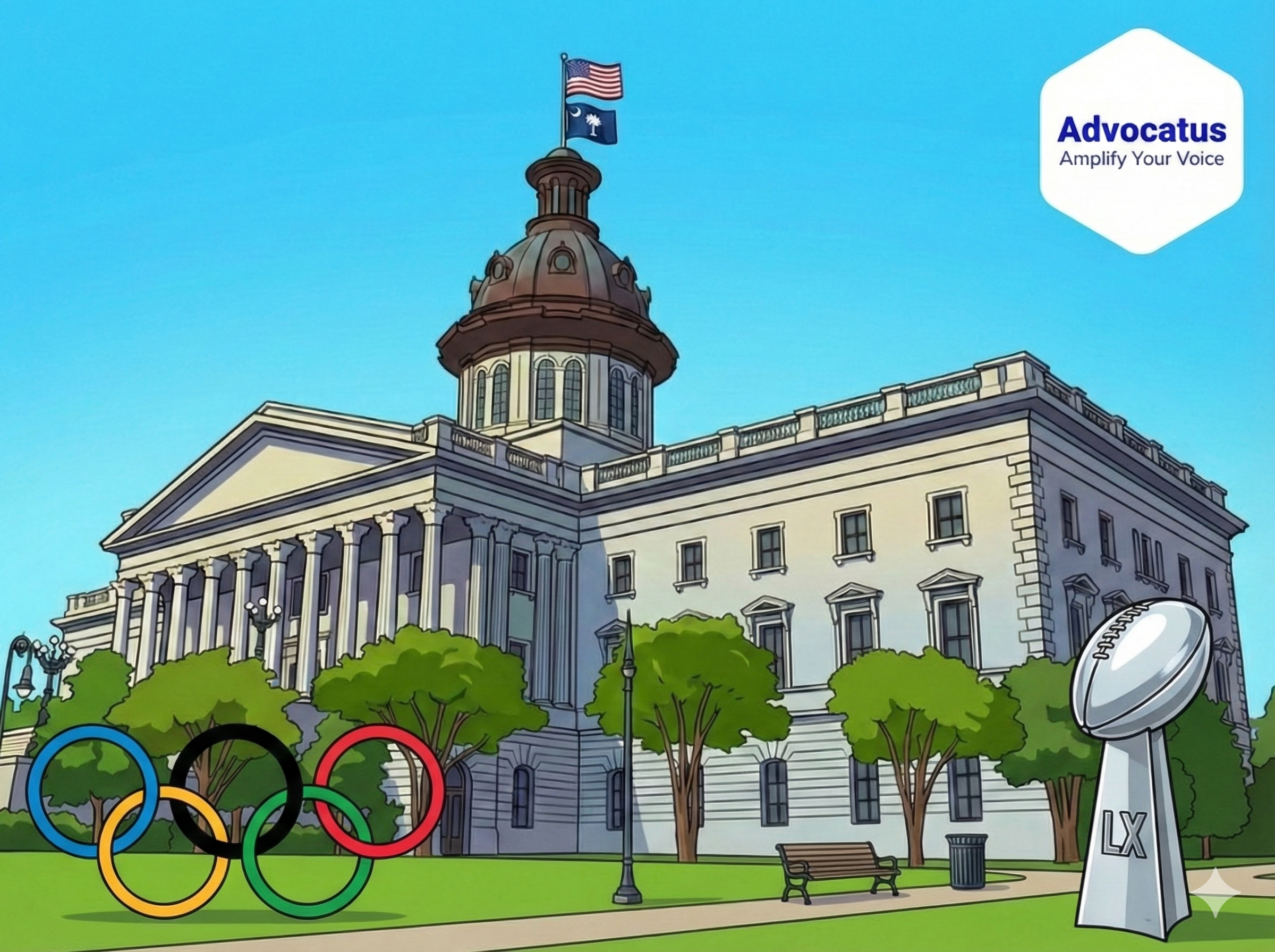 A cartoon image of the South Carolina state capitol on a sunny day. The Olympic rings and the Super Bowl Trophy are in the foreground.