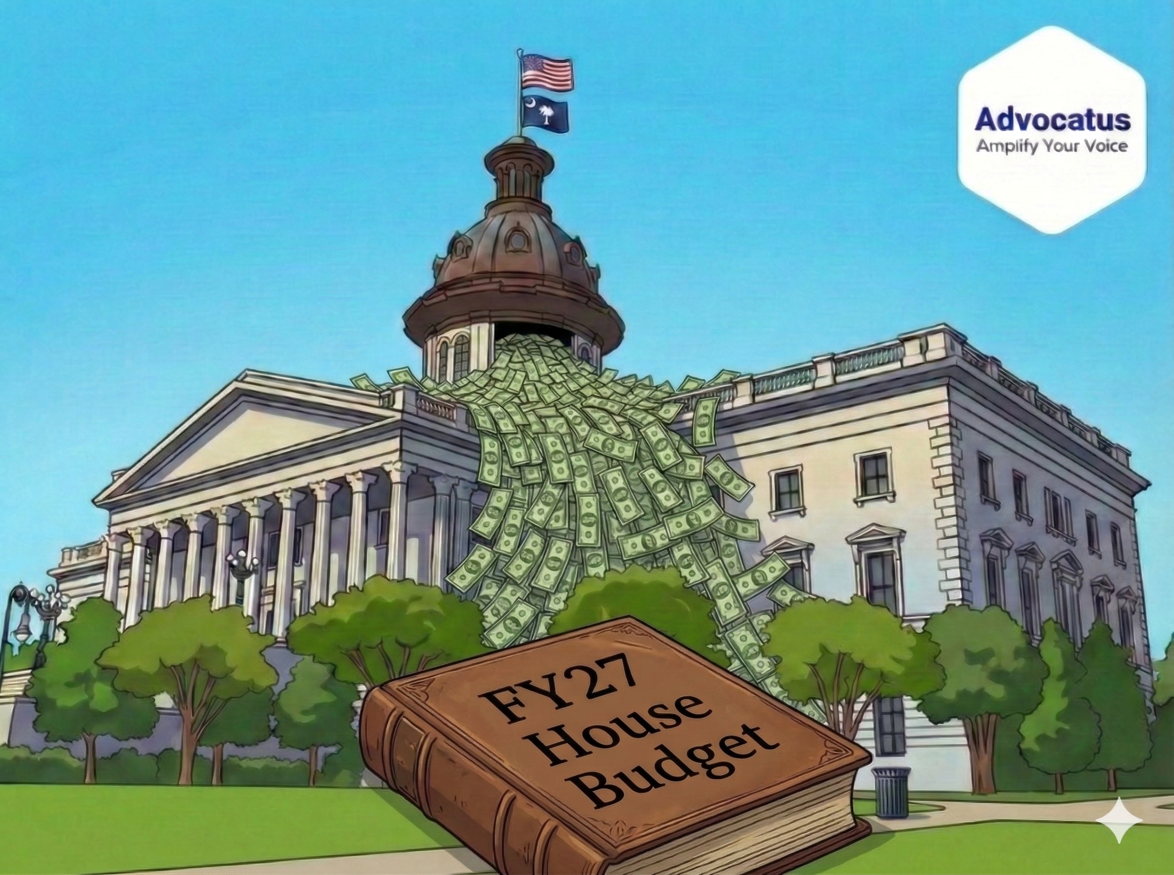 A color cartoon image of the South Carolina state capitol. $100 bills are flowing out of the top of the capitol. In the foreground a large brown book is titled FY27 House Budget.