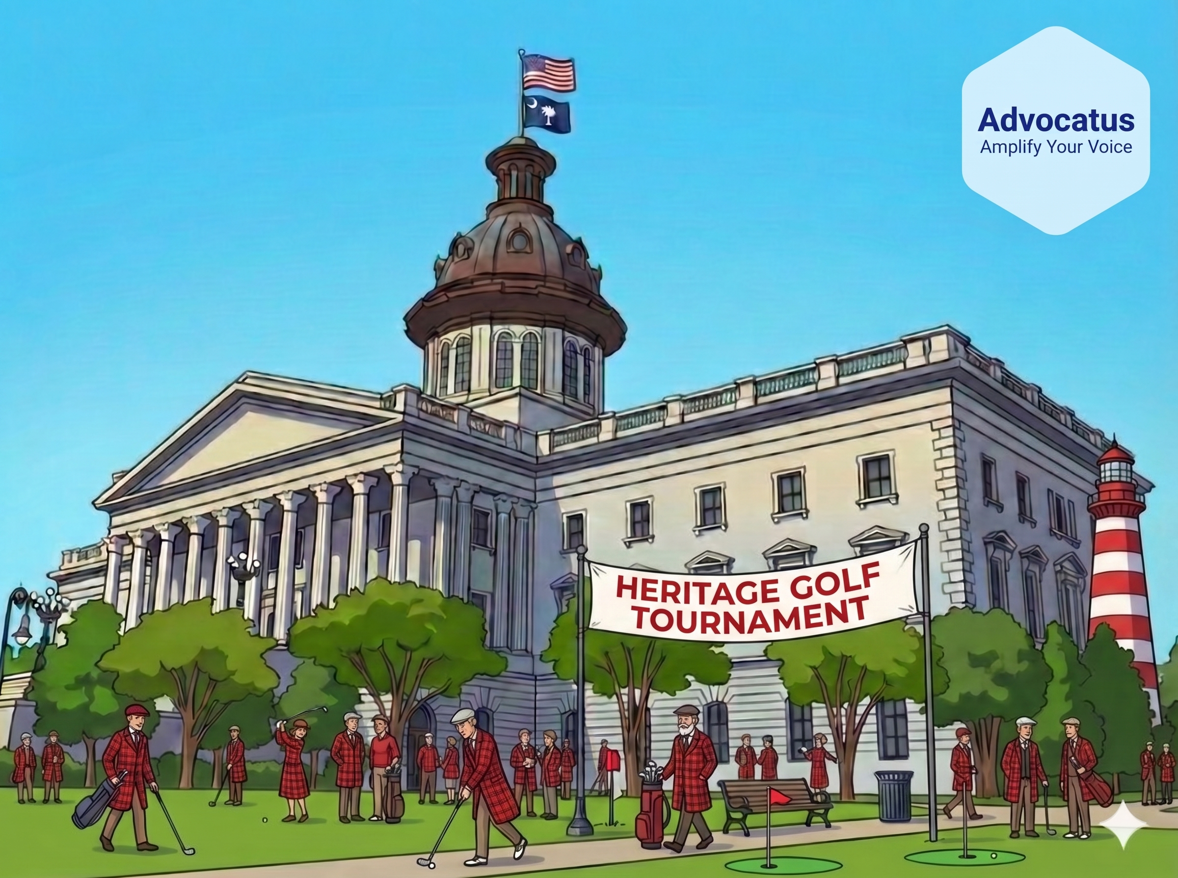 A cartoon color image of the South Carolina state capitol on a sunny day. Adults in red plaid coats are playing golf. A banner reads Heritage Golf Tournament.