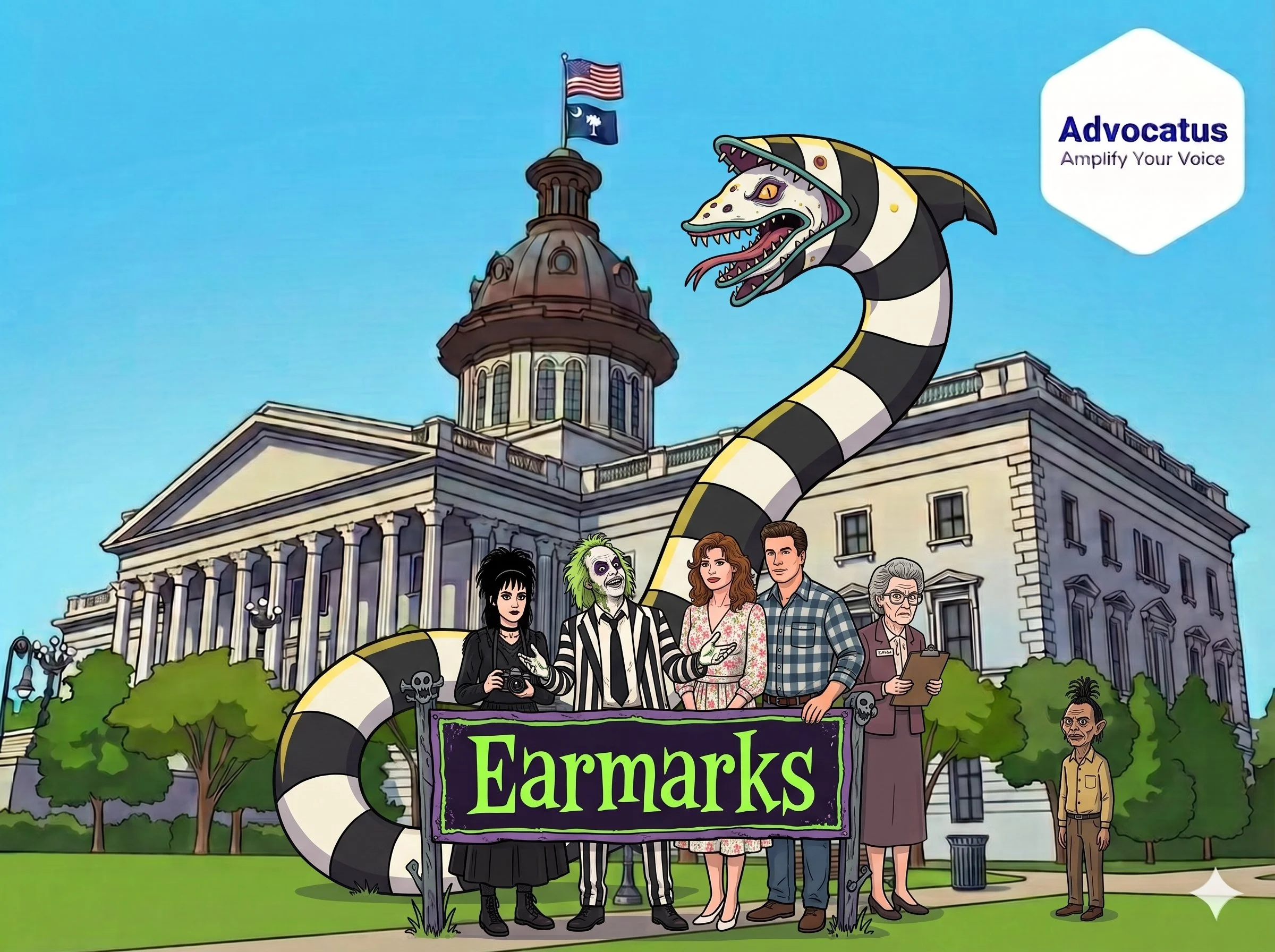A color cartoon image of the South Carolina capitol. In front of the building are the main characters from the movie Beetlejuice. A sign reads "Earmarks."
