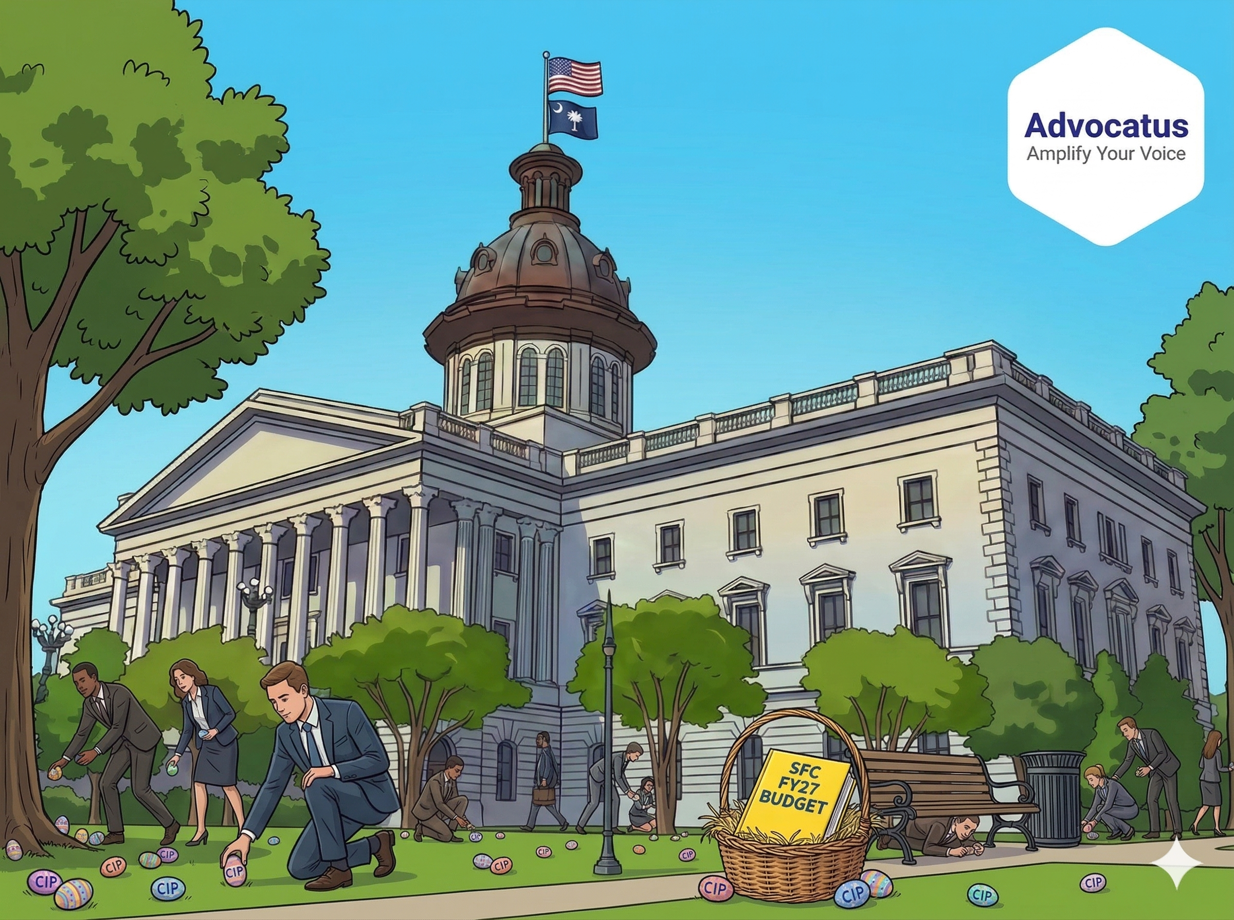 A cartoon color image of the South Carolina state capitol on a sunny day. Adults in business clothes are hunting for Easter eggs, which have the letters CIP written on them. A yellow book with the title SFC FY27 Budget is in a basket.