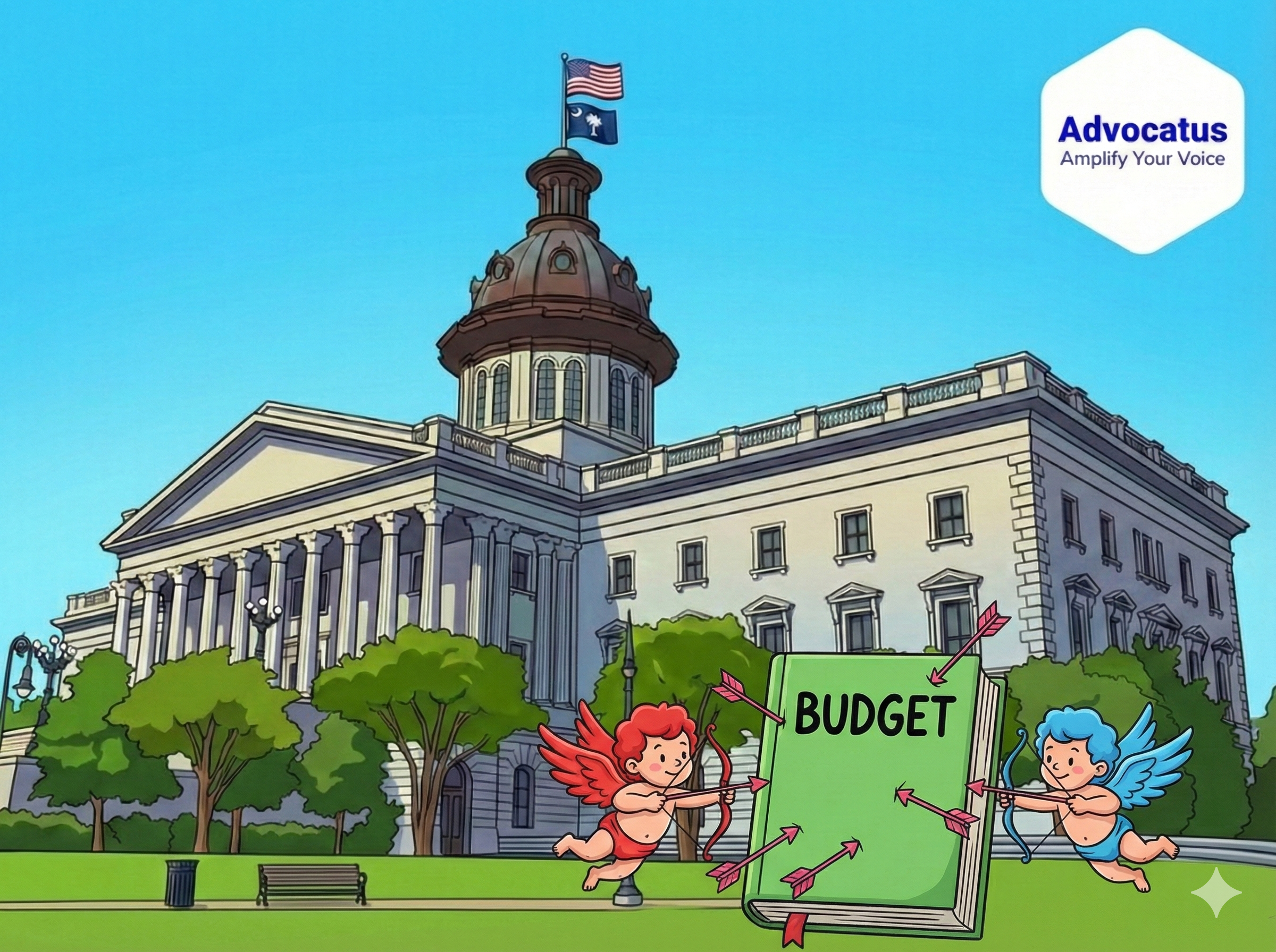 A picture of the South Carolina state capitol on a sunny day. A red cupid angel and a blue cupid angel are shooting pinks arrows at a green book labeled budget.