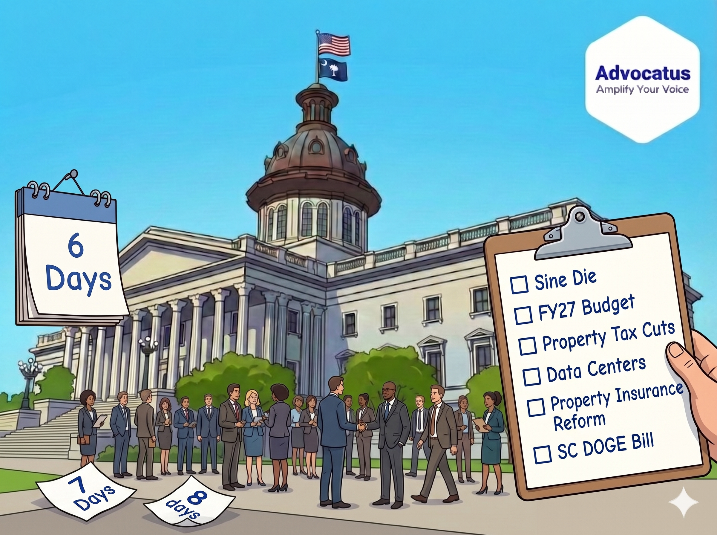 A color cartoon image of the South Carolina state capitol. In front is a group of people in business attire. A calendar reads 6 Days. A clipboard has a checklist of legislation that has not passed yet on it.