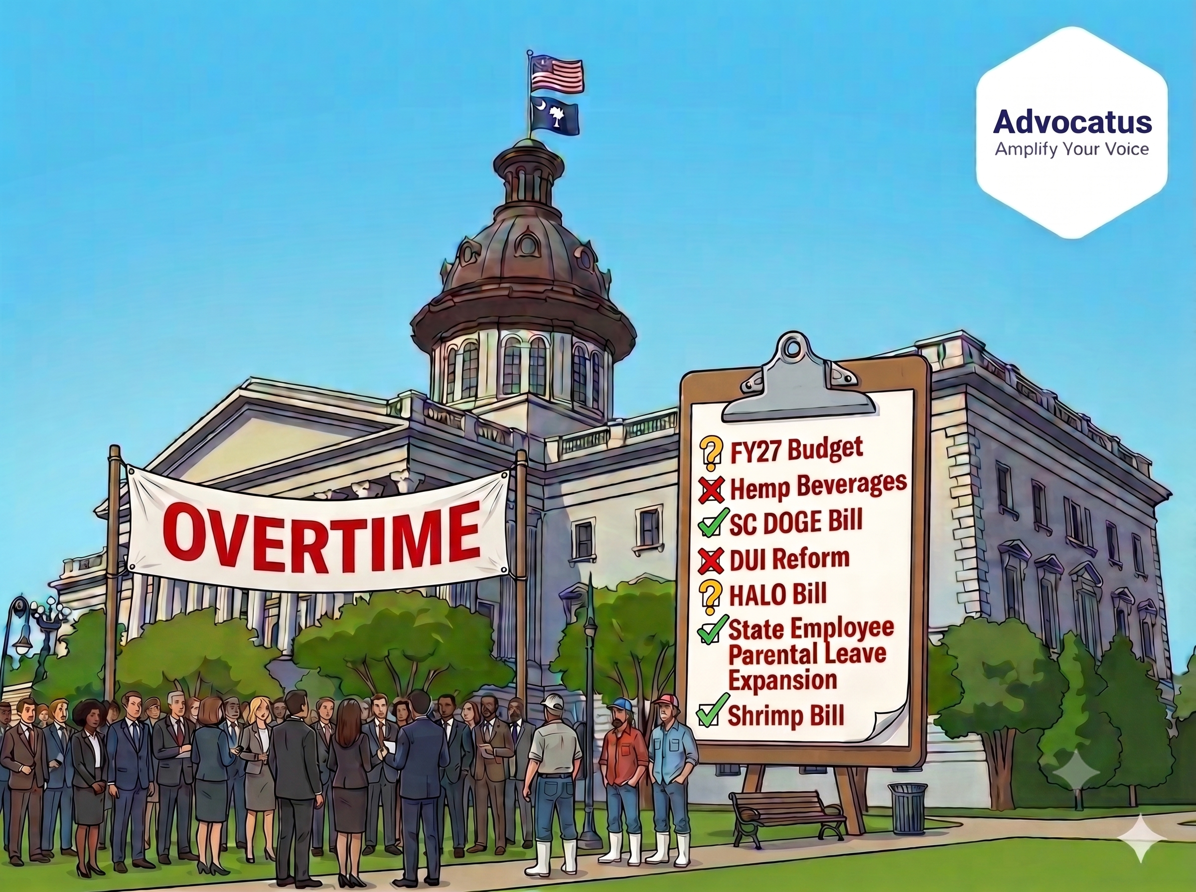 A color cartoon image of the South Carolina capitol. A crowd is standing in front of the building with a banner that reads Overtime. A checklist of legislation is placed to the right side of the building.