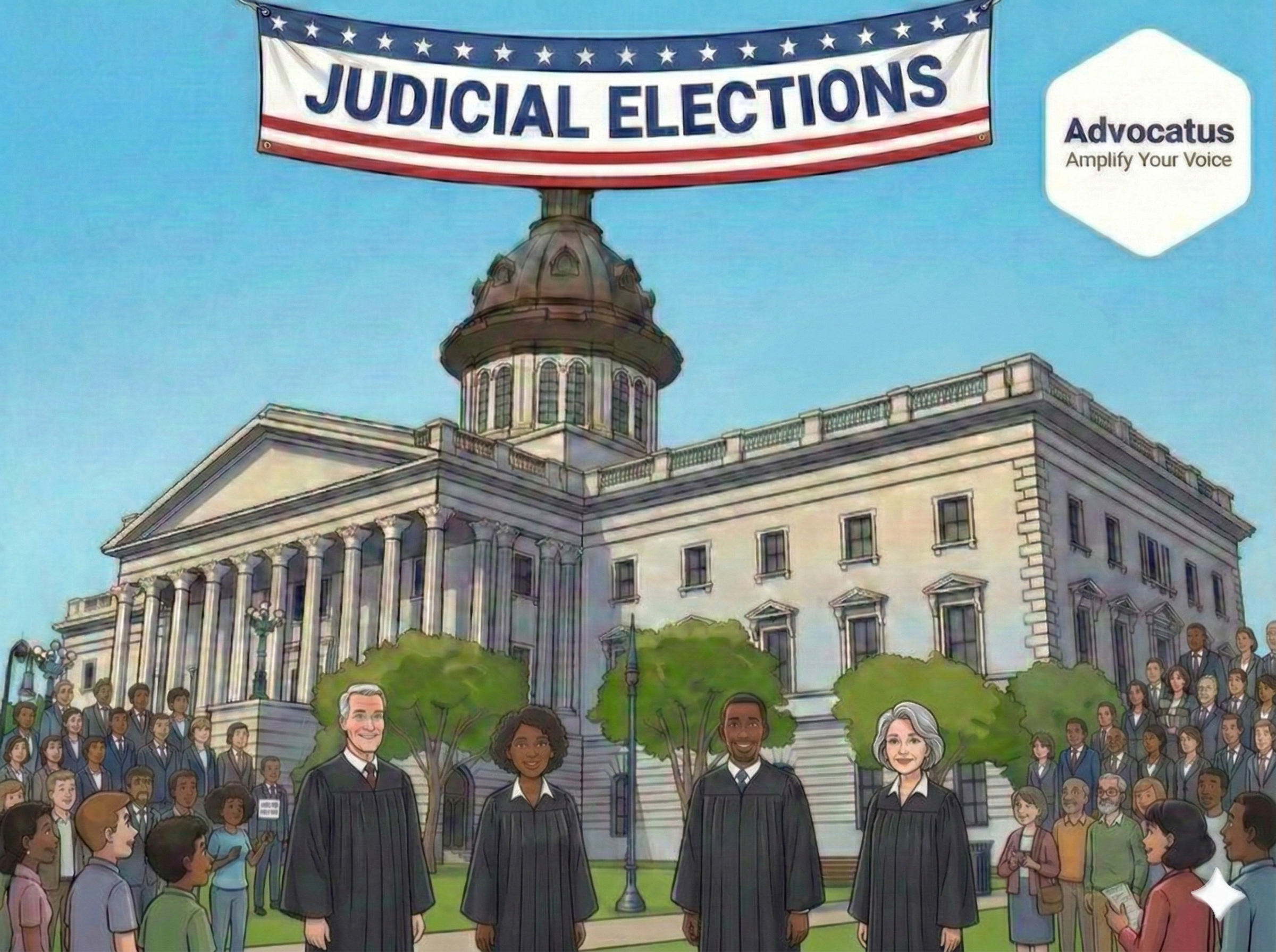 A color cartoon image of the South Carolina state capitol. In front is a diverse crowd surrounding four judges wearing black robes. A banner hangs at the top that read Judicial Elections.