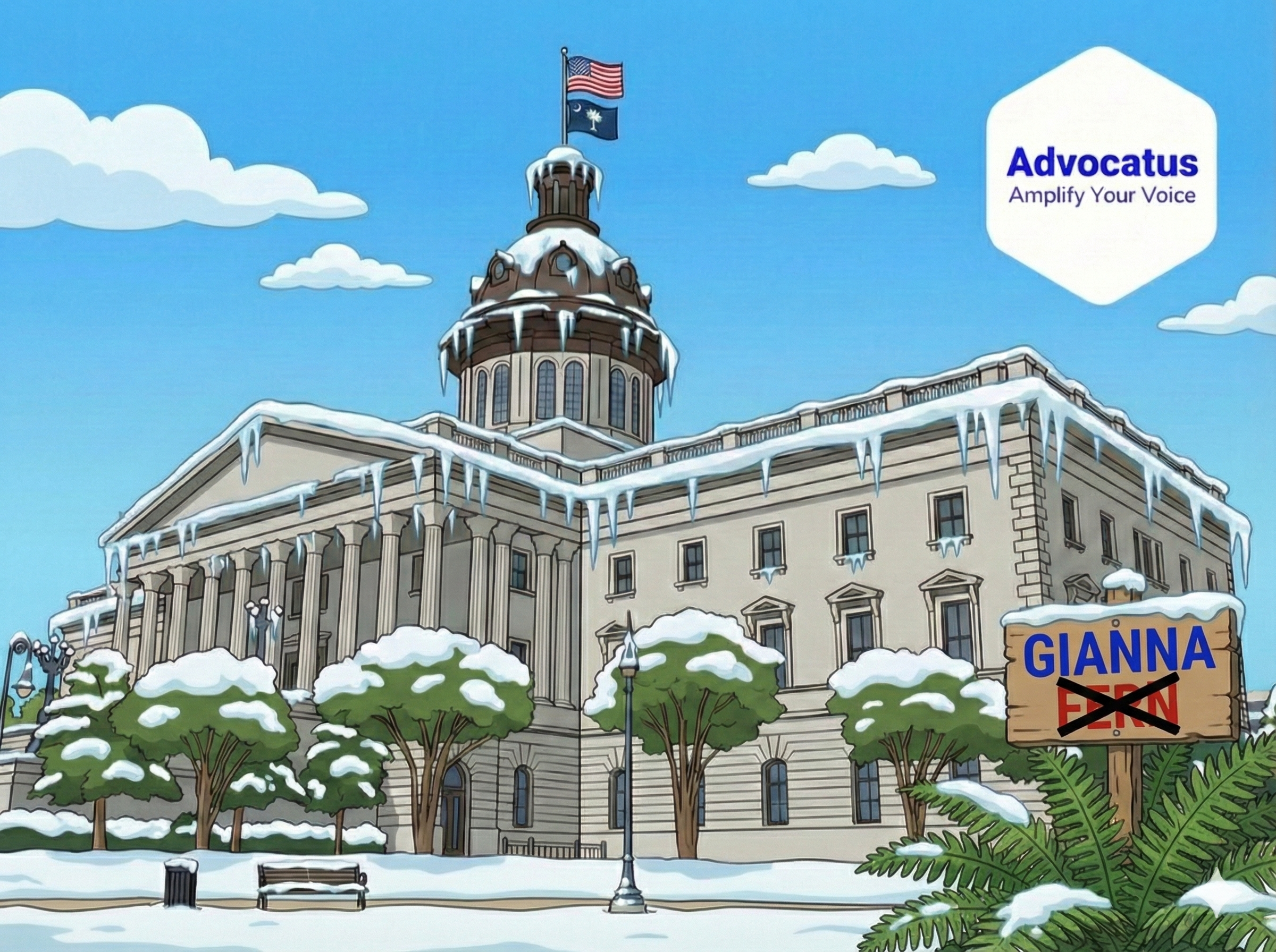 A cartoon image of the South Carolina state capitol covered in ice and snow. There is a large green plant with a sign showing the word Gianna next to it.