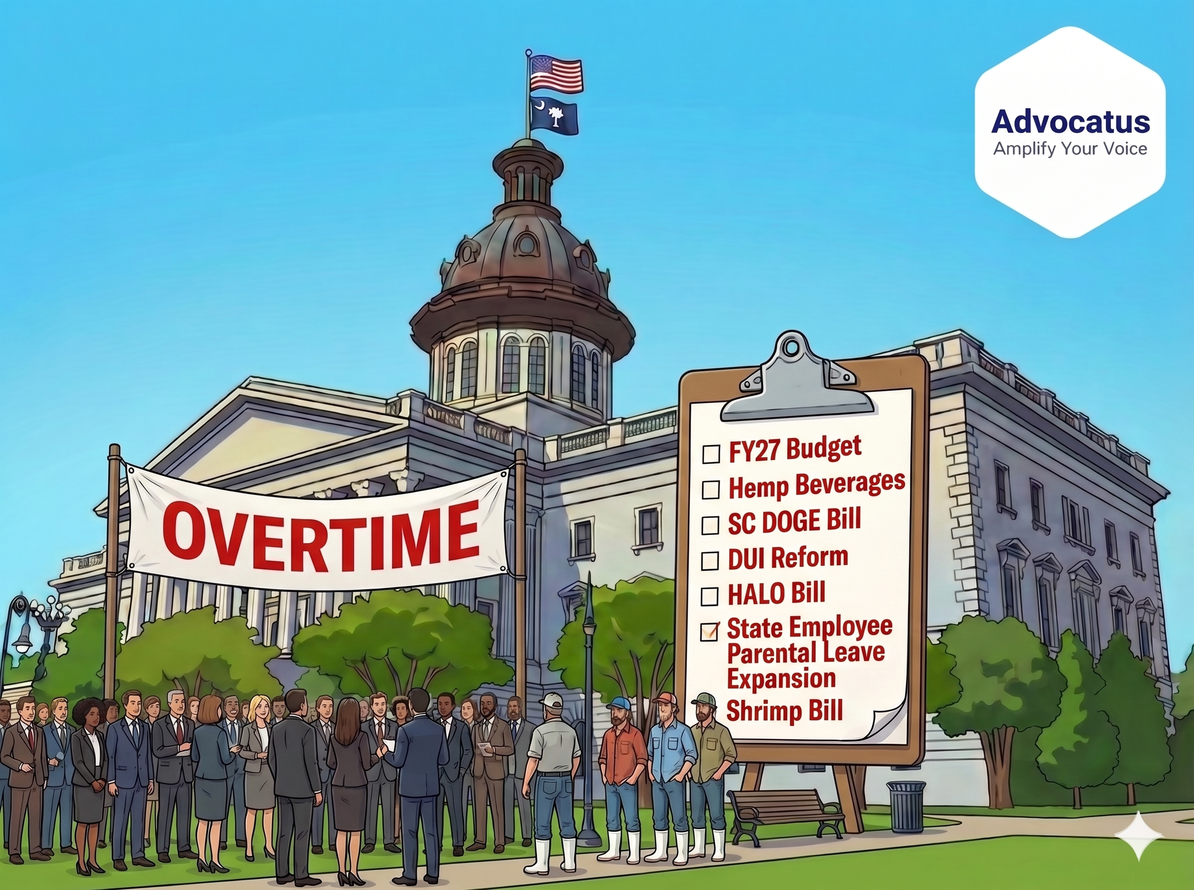 A color cartoon of the SC capitol. A diverse crowd stands in front of the building. A group shrimp fisherman stand in front of a checklist of legislation.