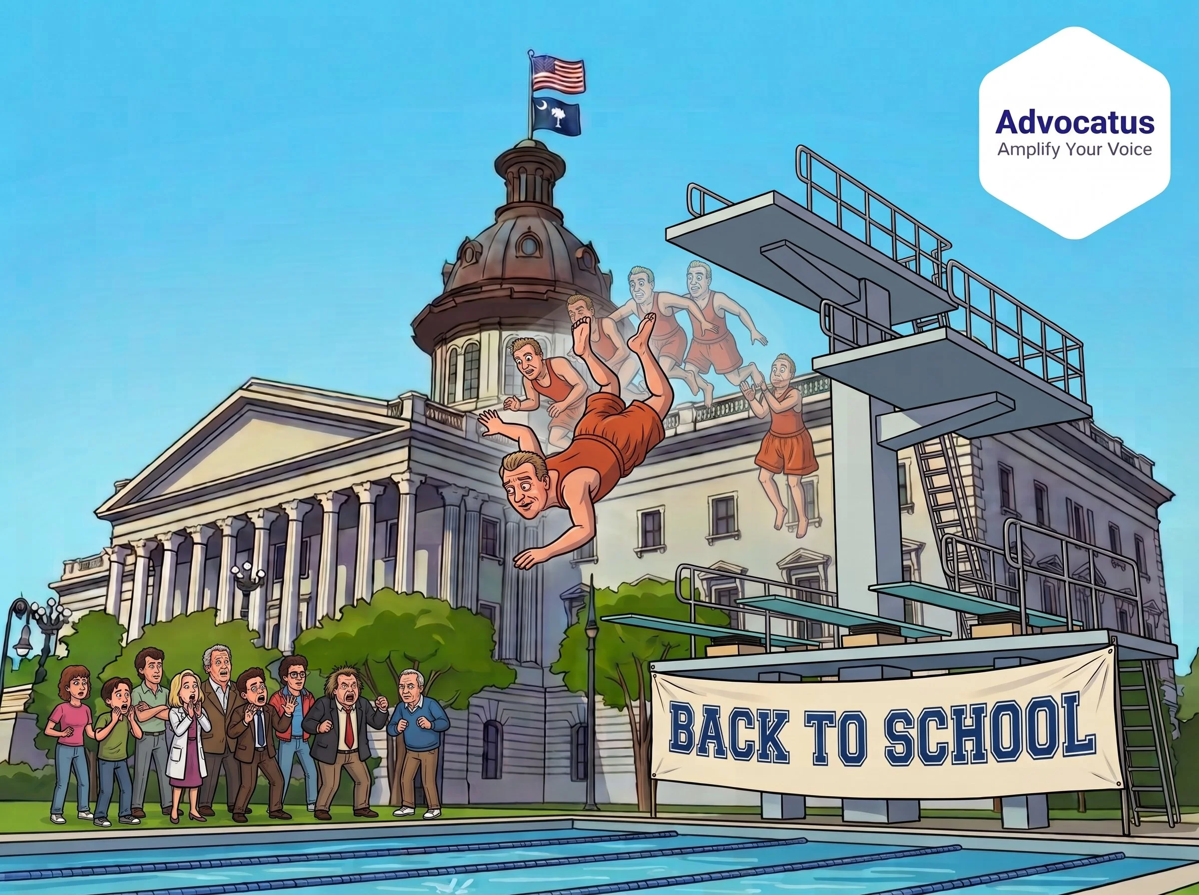 A color cartoon image of the South Carolina capitol. In front of the building is a scene from the movie Back To School, where the character Thornton Melon performs a dive into a pool called the Triple Lindy.
