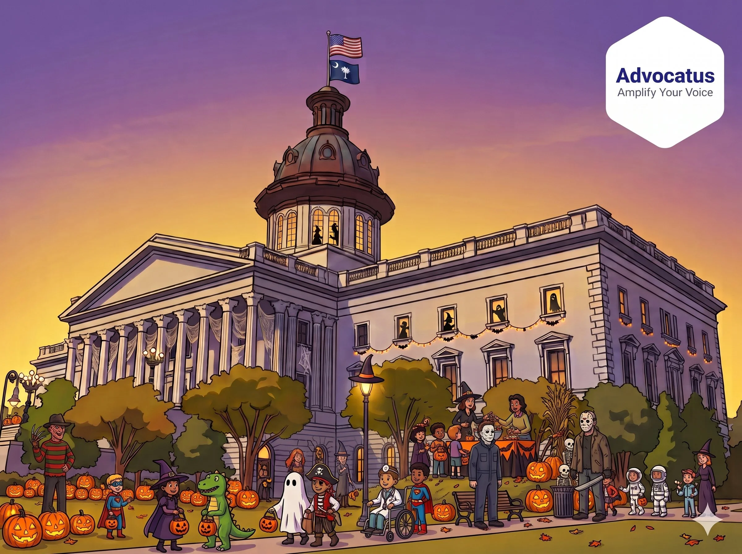 A color cartoon image of the South Carolina capitol. The scene is a Halloween theme with children trick or treating in front of the building.