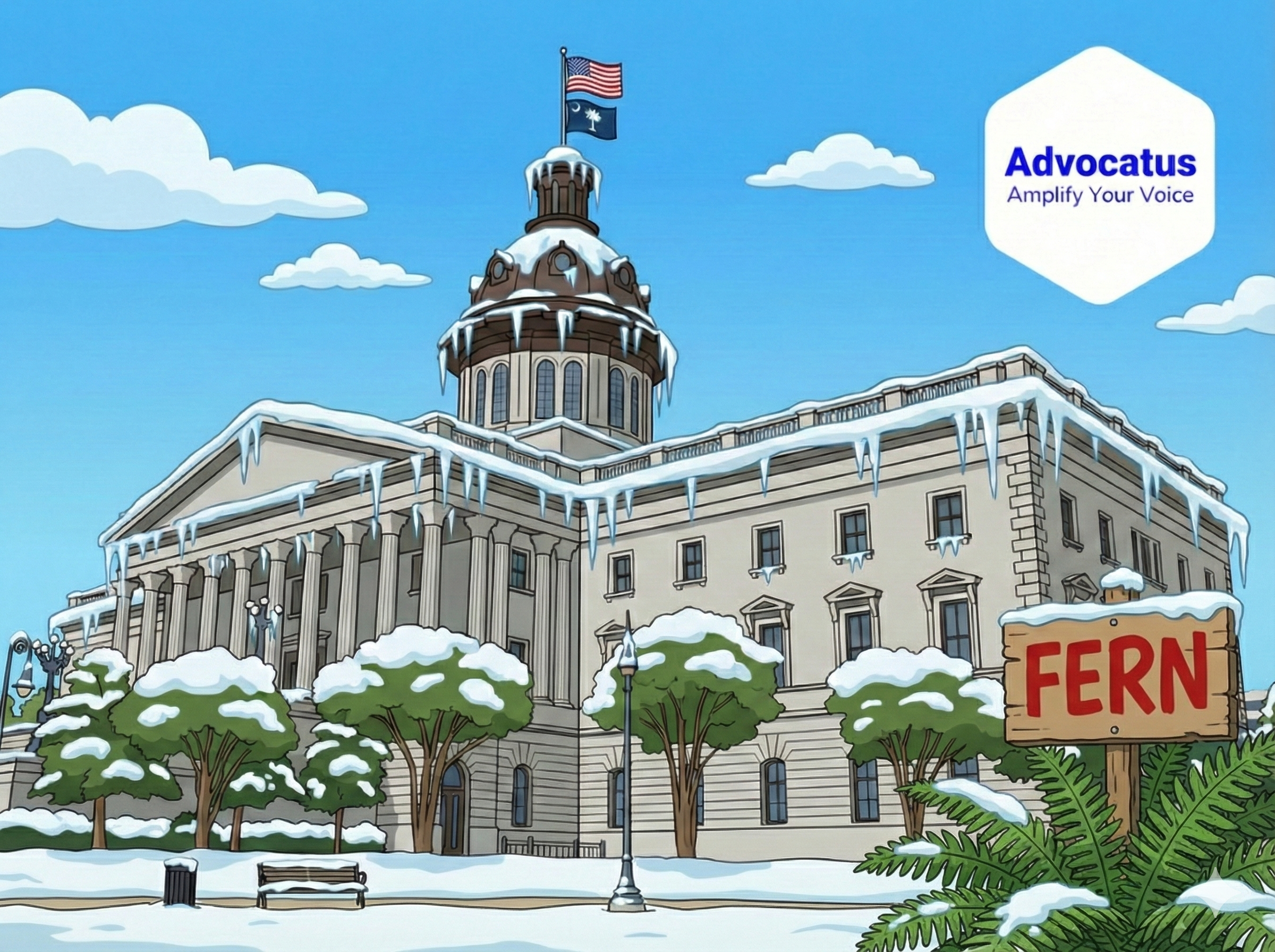 A cartoon image of the South Carolina state capitol covered in ice and snow. There is a large green plant with a sign showing the word Fern next to it.