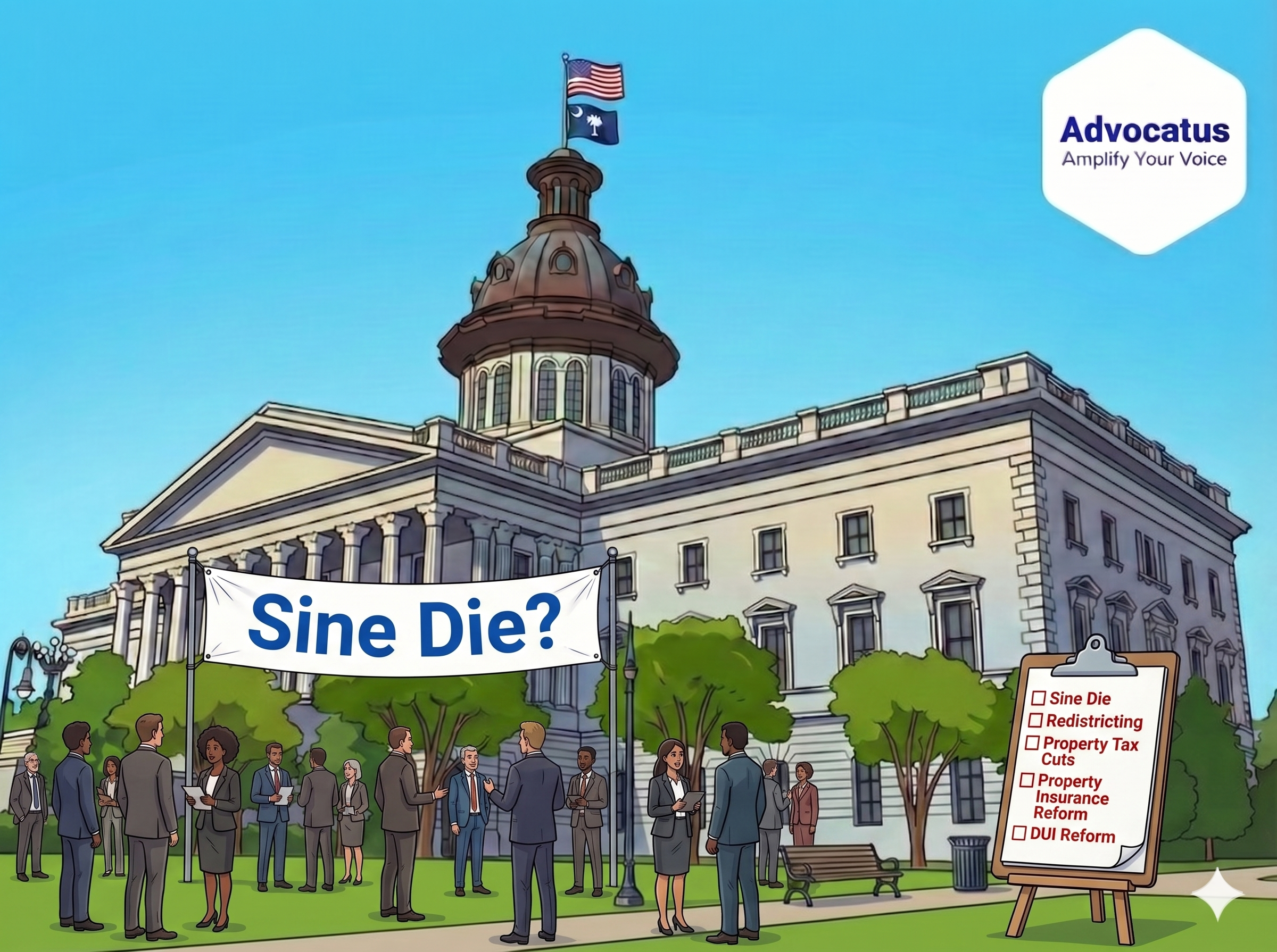 A color cartoon of the South Carolina State House. In front is a group of people in business attire. A banner is hung in front that reads Sine Die? A clipboard with a checklist is positioned to the right of the crowd.