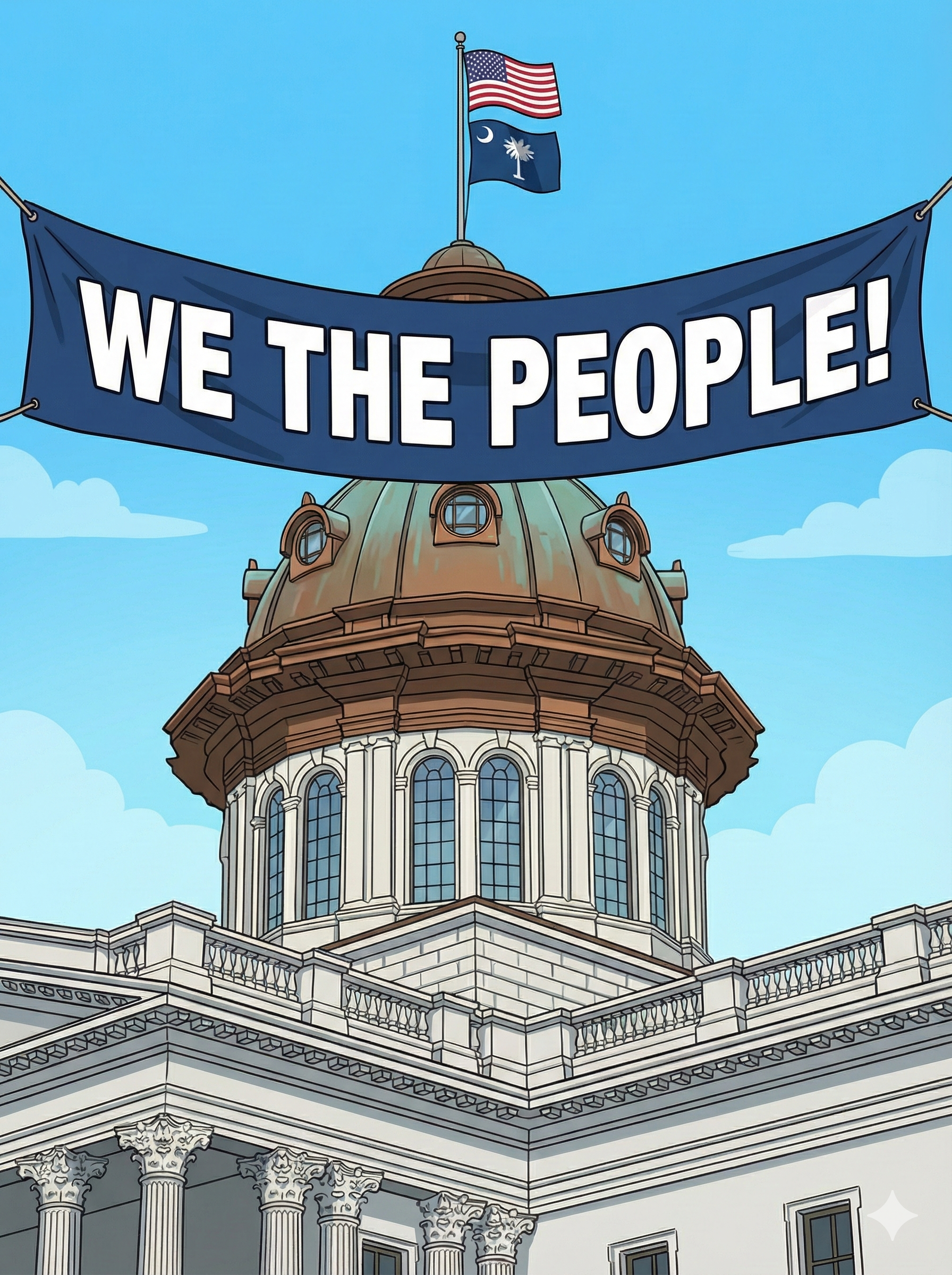 A color image of the South Carolina state capitol dome with a banner in front of it that says We The People!