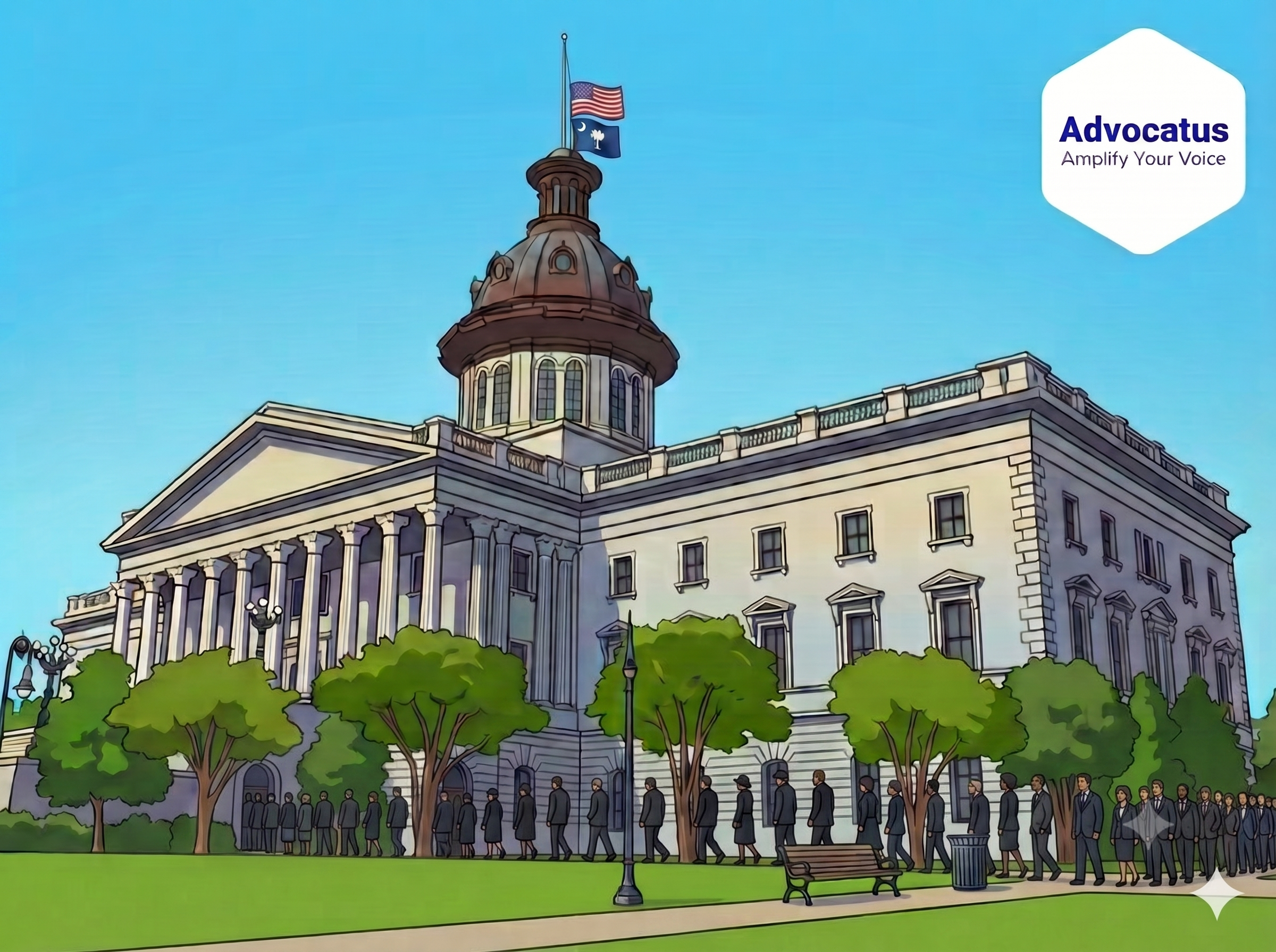 A color cartoon image of the South Carolina state capitol. A line of people dressed in black clothes is entering the building. The flags are flying at half-staff on top of the copper dome.