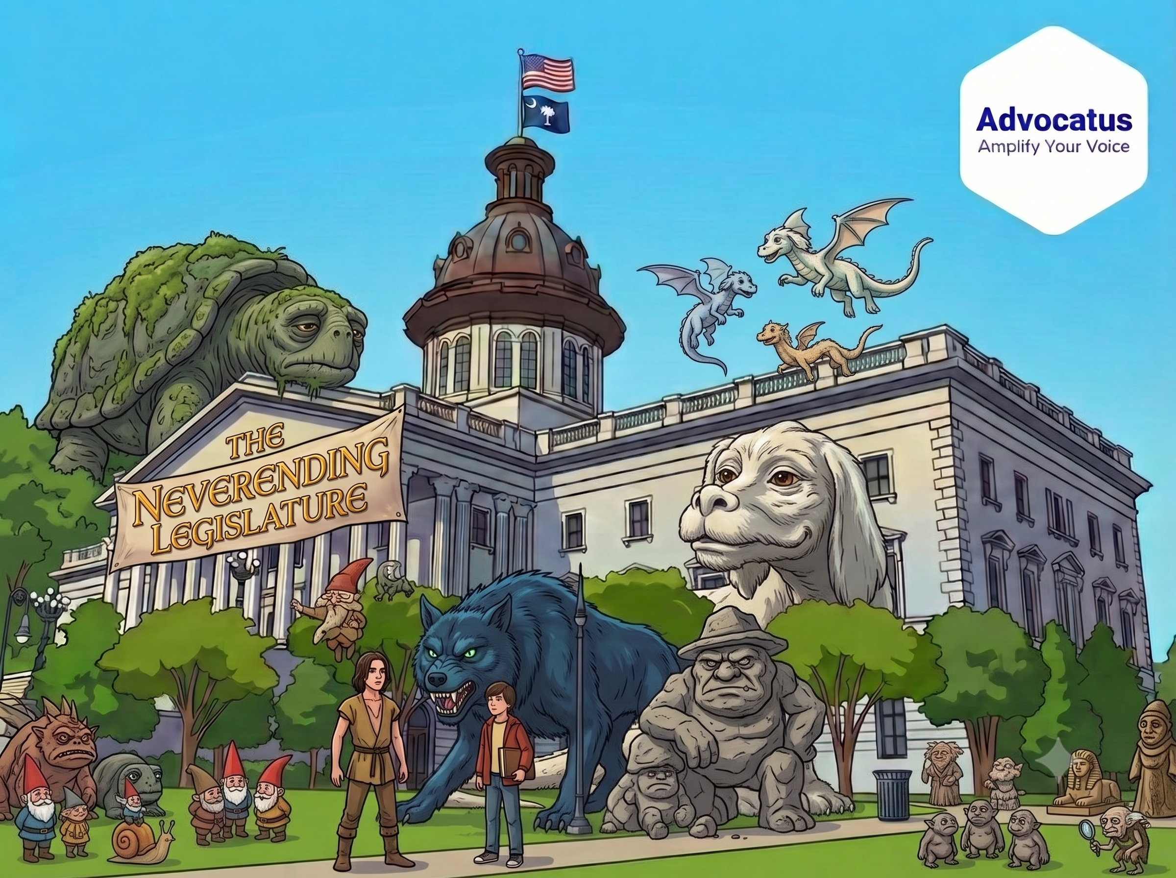 A color cartoon image of the South Carolina capitol. In front of the building are the cast and characters from the movie The NeverEnding Story. A banner hangs that reads The NeverEnding Legislature.